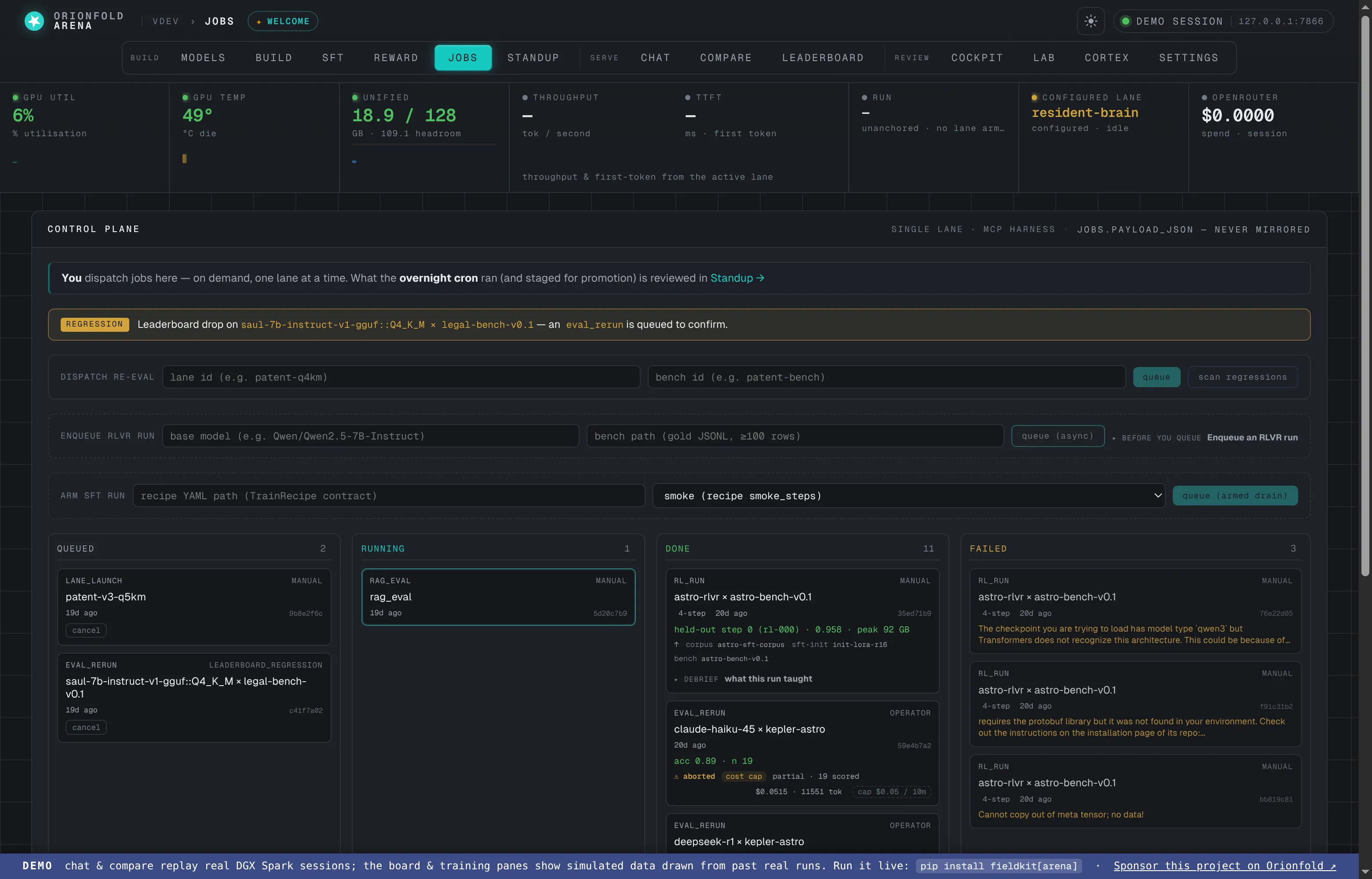 The Arena control plane: the telemetry rail above a four-column jobs board — queued, running, done, and failed — with the dispatch forms below it and the resident Advisor lane shown live on the rail