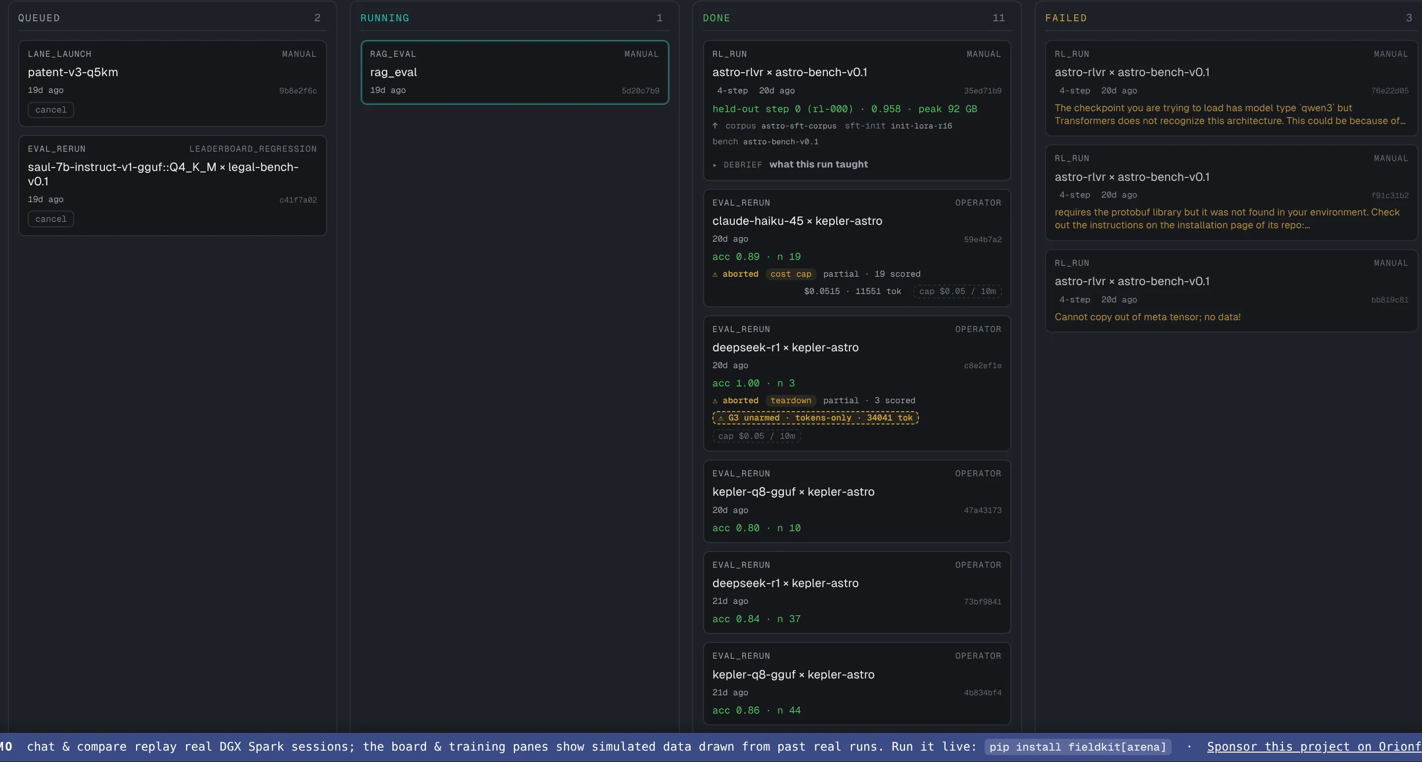 The four-column board close-up: queued and running idle, the done column carrying real lane-op and eval cards (a lane torn down with GB freed, a quant live on its port), and the failed column showing guarded pre-flights that refused before acting