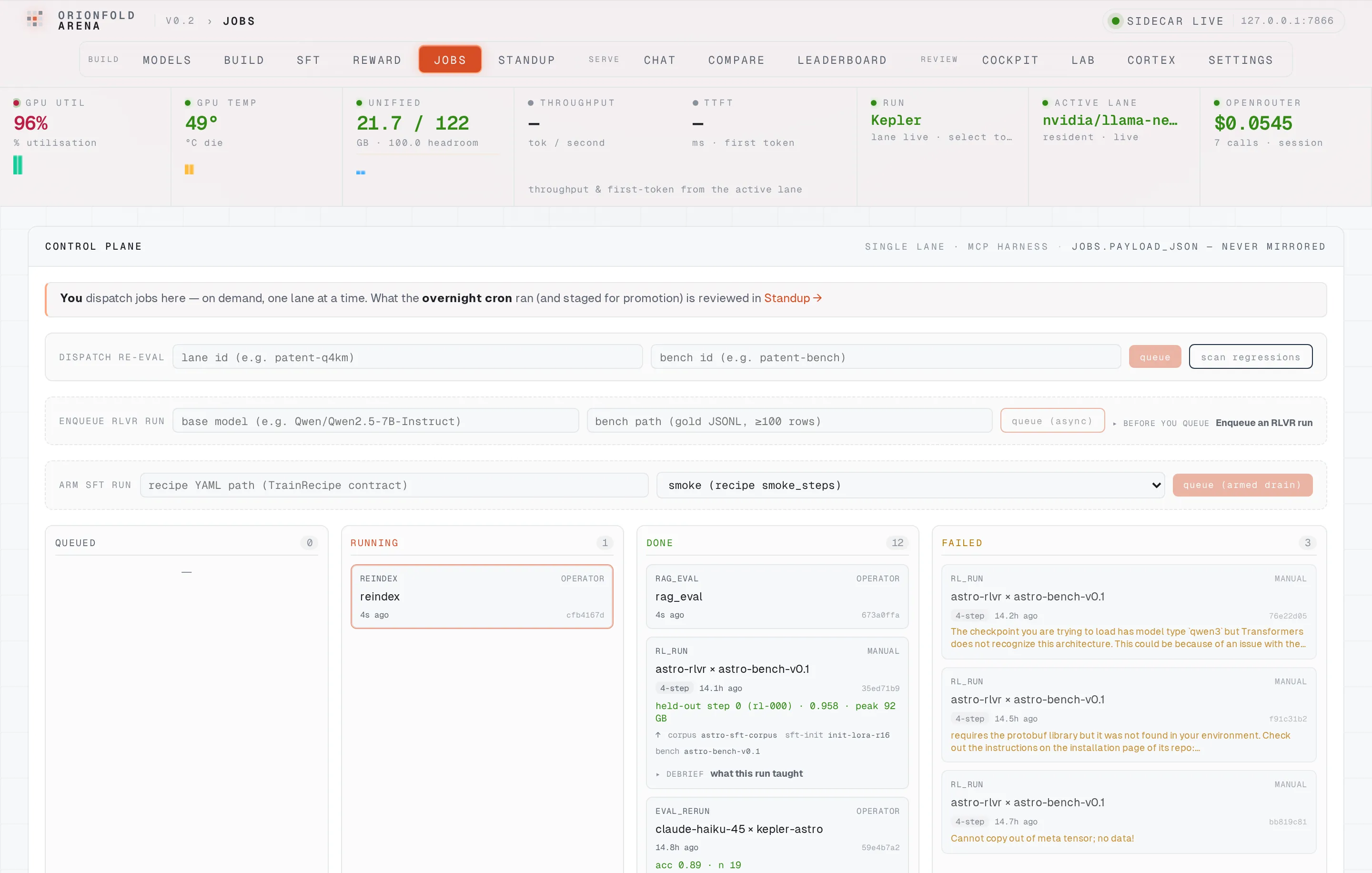 The control-plane jobs board mid-drain — reindex running at 96% GPU