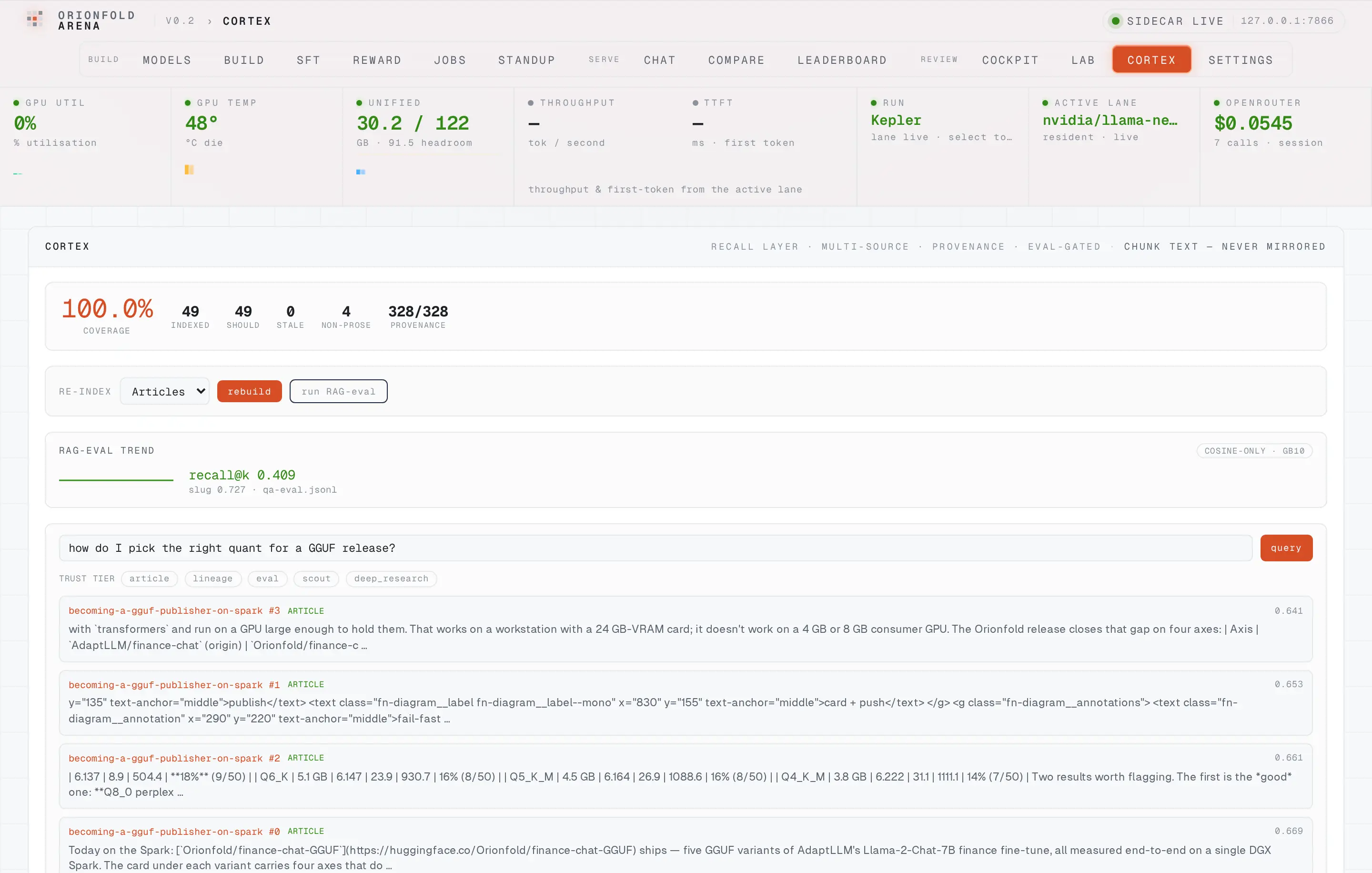 A provenance-filtered query console — Ask the Second Brain in plain language and get back cited chunks tagged by trust tier — a Spark-measured source and an external claim are never silently interchangeable.