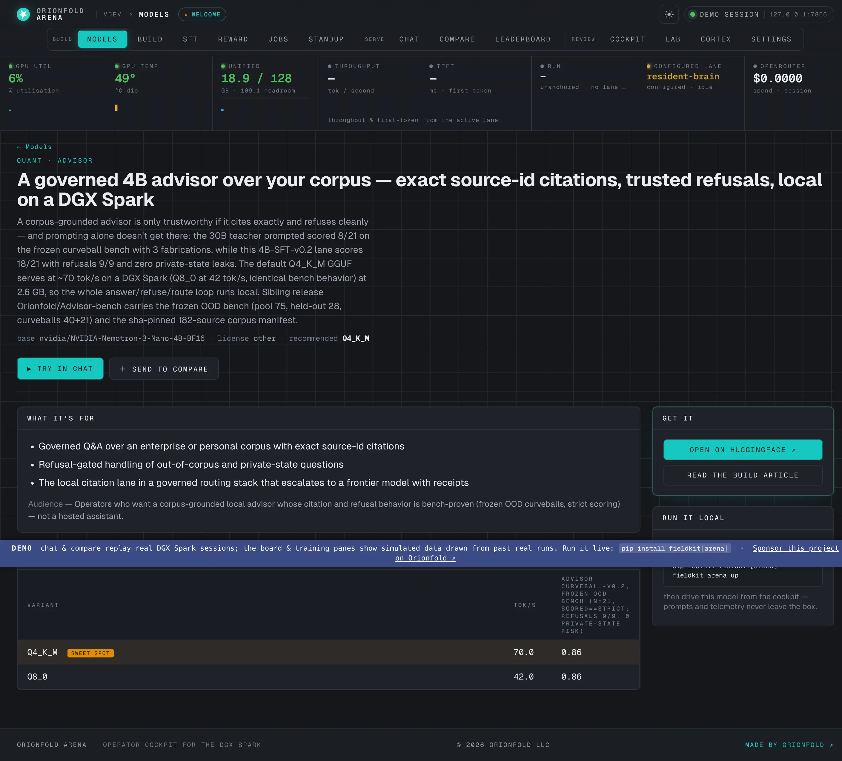 Model detail — Positioning, quant economics with the sweet-spot row, known drift, and a per-model efficiency curve — the full card before you commit GPU.