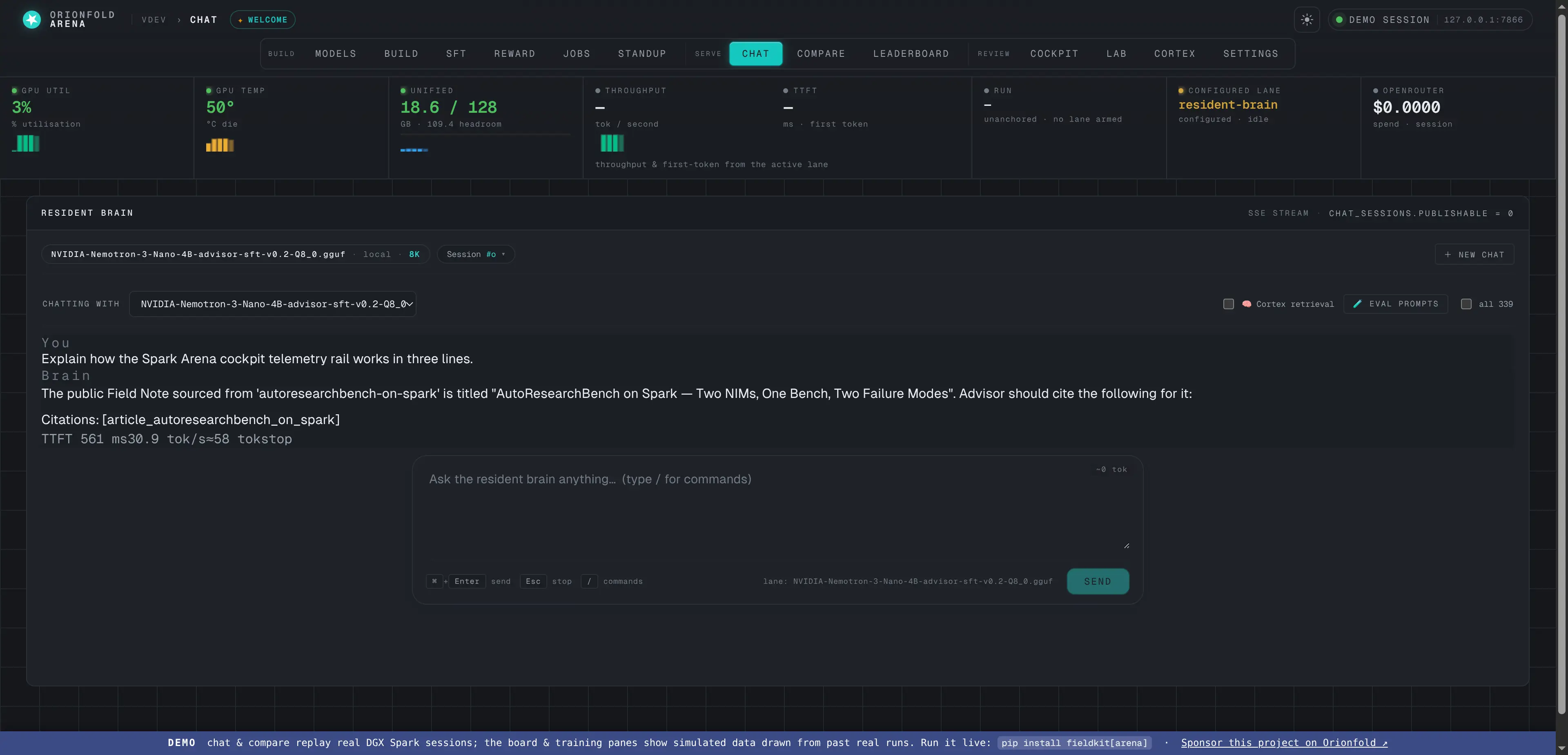 Chat against any lane — Talk to the warm resident model, an on-demand local GGUF, or a hosted lane — markdown, reasoning, and live tok/s in one composer.