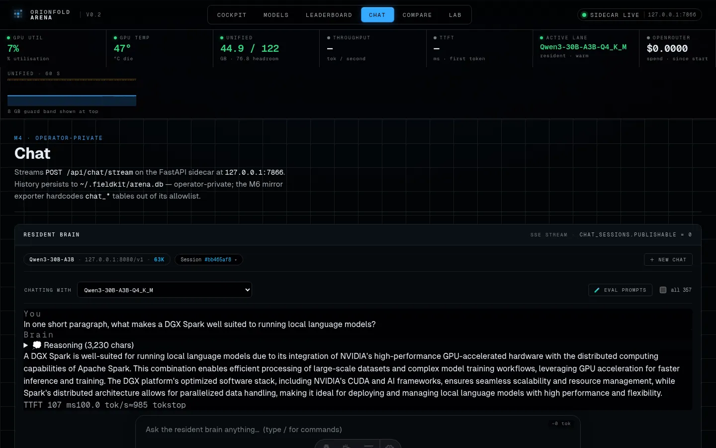 The chat surface: a streamed answer from the resident model with collapsible reasoning and live throughput