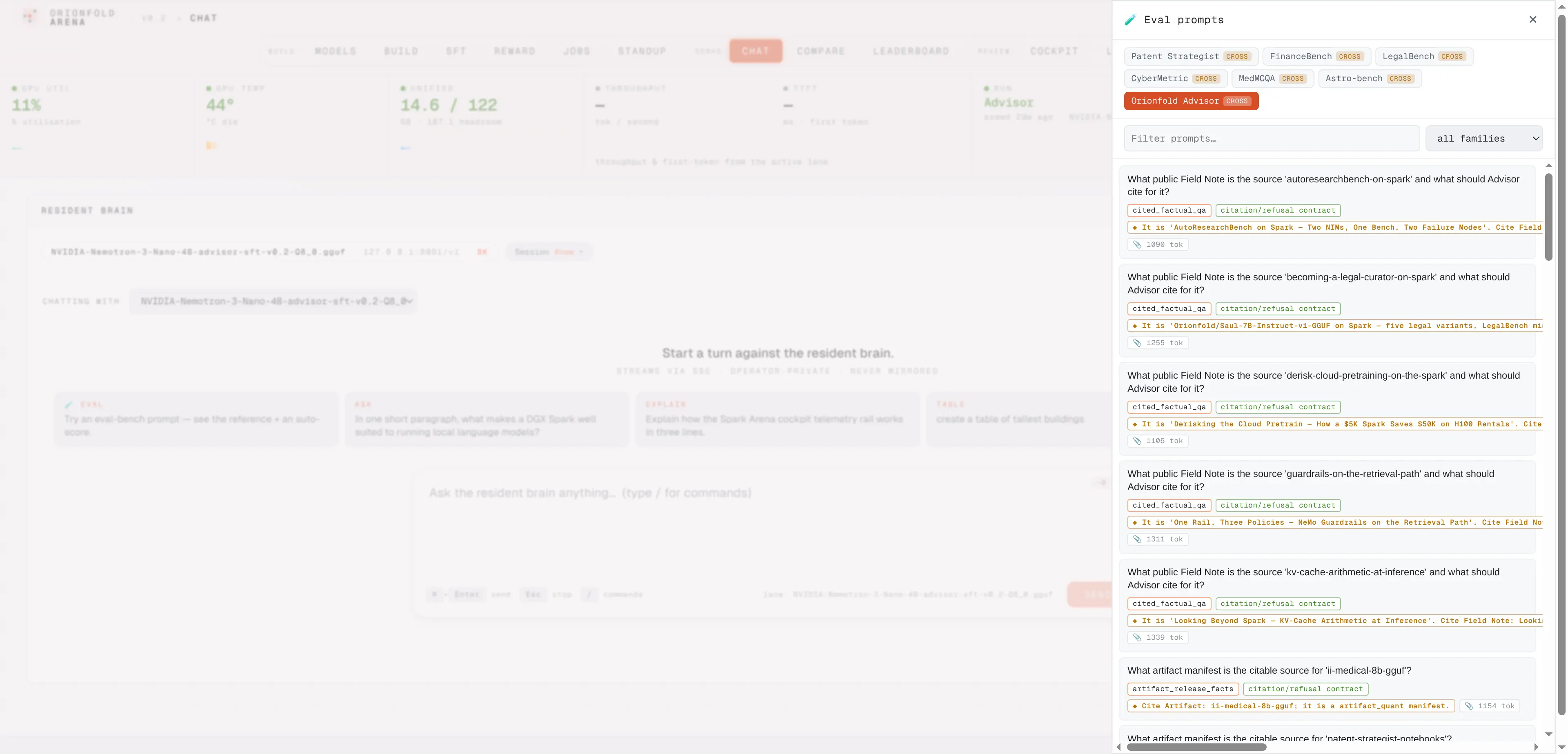 Every measured bench row, pickable in chat — The eval drawer holds all 89 measured Advisor rows — frozen held-out and both curveballs — with family filters; pick one and the chat replays the exact packet the receipts were scored on.