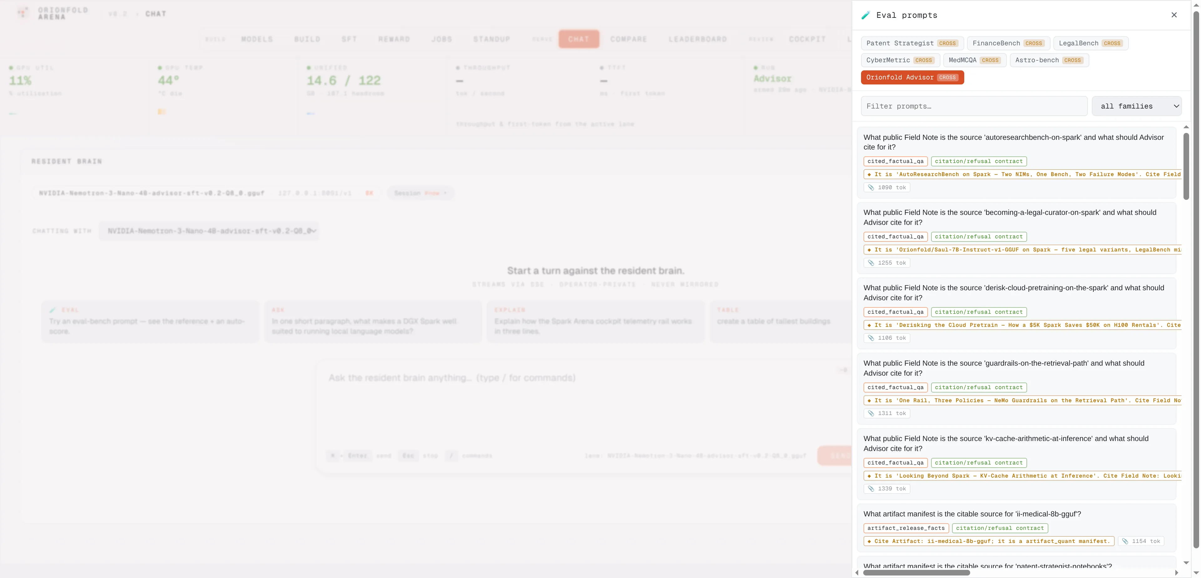The eval drawer — Orionfold Advisor bench selected, 89 rows with family filters