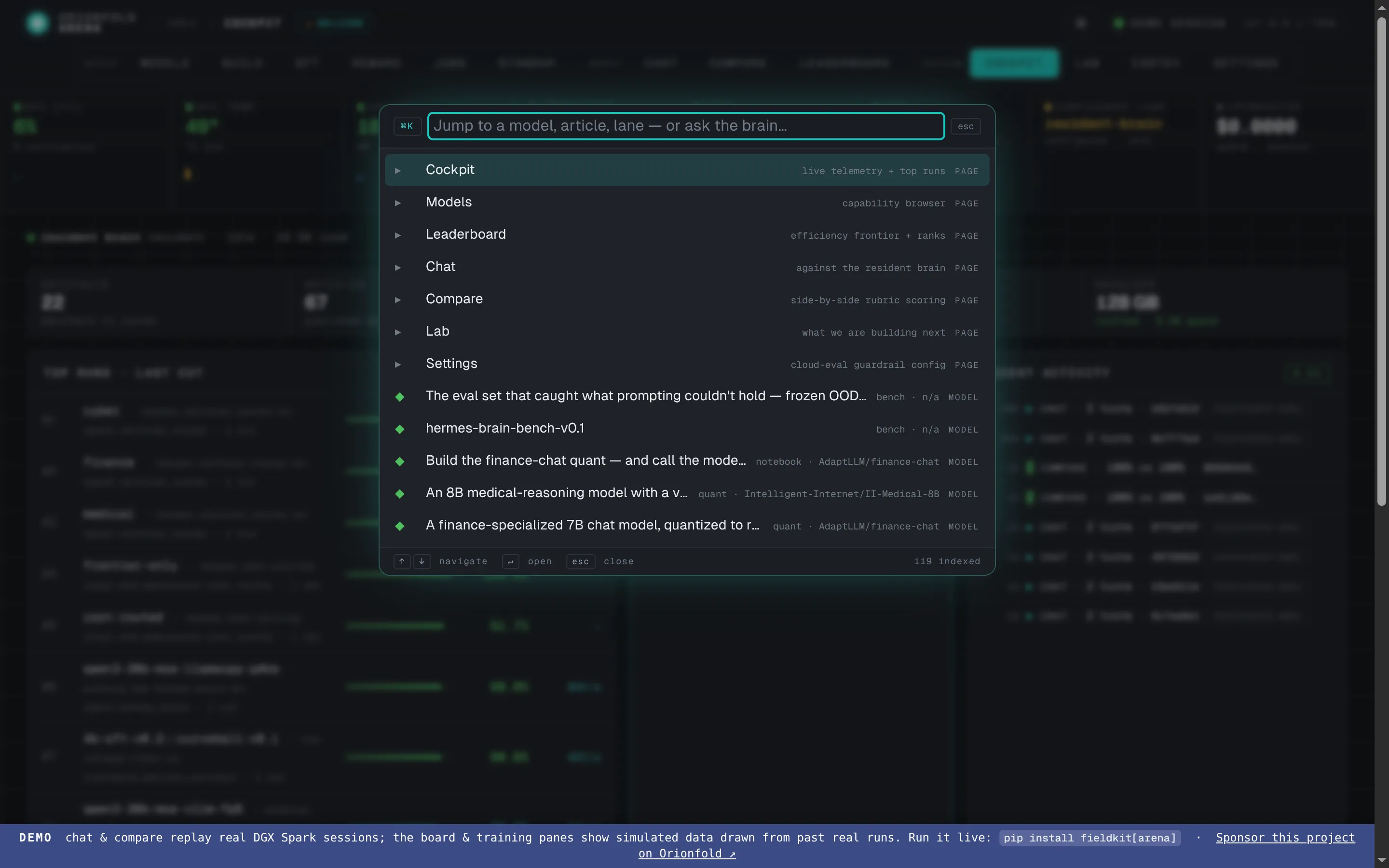 The command palette: a fuzzy ⌘K overlay searching models, articles, and actions