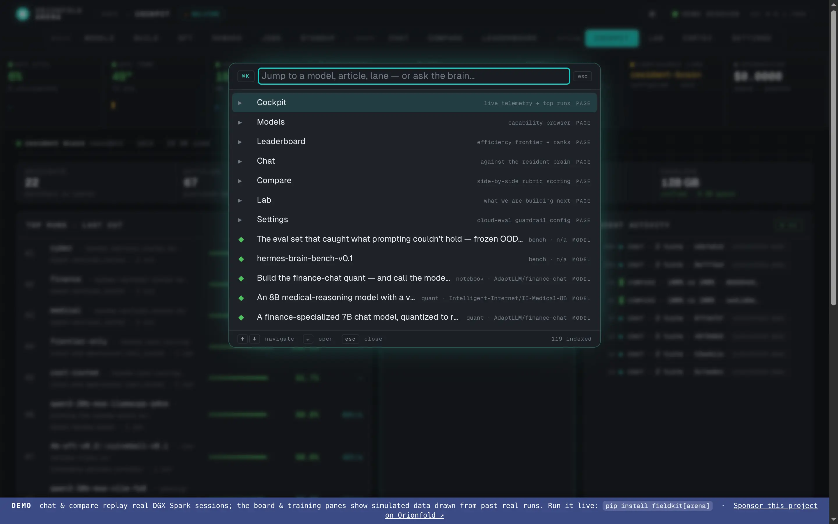 Command palette — Hit ⌘K and jump anywhere — fuzzy-search every model, article, and lane, or fire a chat or compare without touching the mouse.