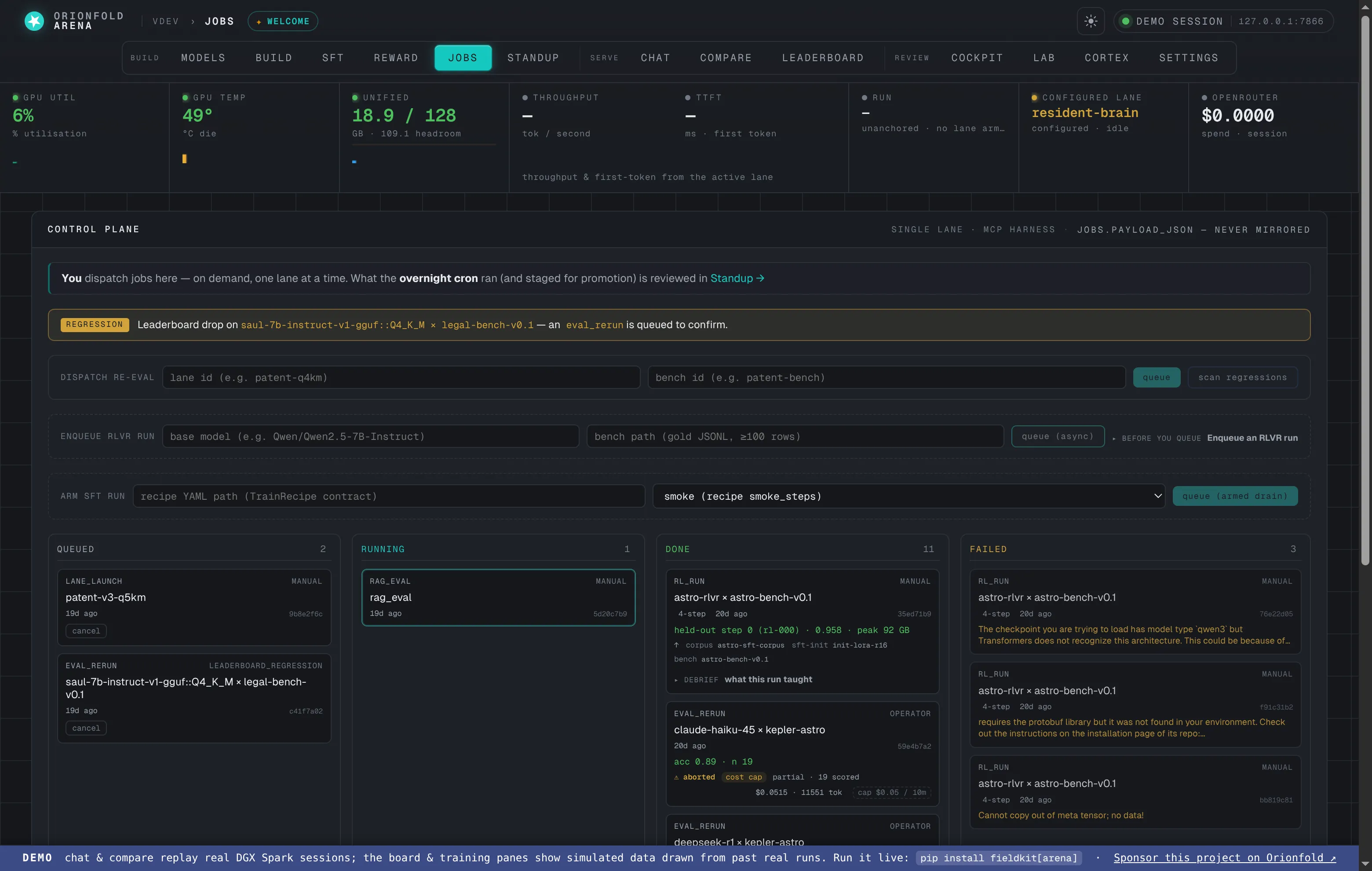 The grown jobs board: dispatch slots for an eval re-run, an RLVR run, and an armed SFT run sit above the four-column board, whose done and failed cards carry real lane-op, eval, and rl_run results — with a '+ N older' footer where a column was capped to its most recent