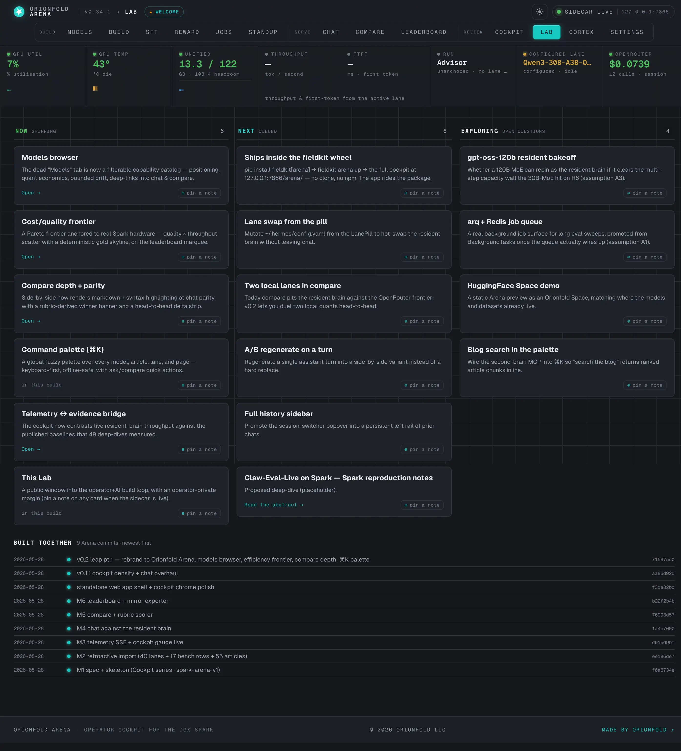 The Lab — A living board of what's shipped, what's next, and what's being explored, with a built-together timeline mined from the commit log.