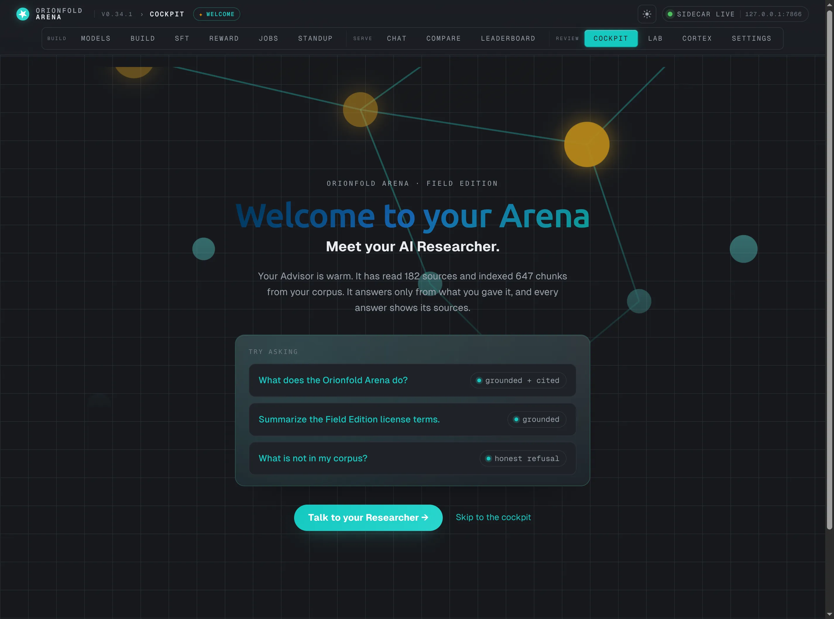 The Arena welcome screen: a navy-to-gold 'Welcome to your Arena / Meet your AI Researcher' hero, grounded in real corpus numbers, with three prompts to try
