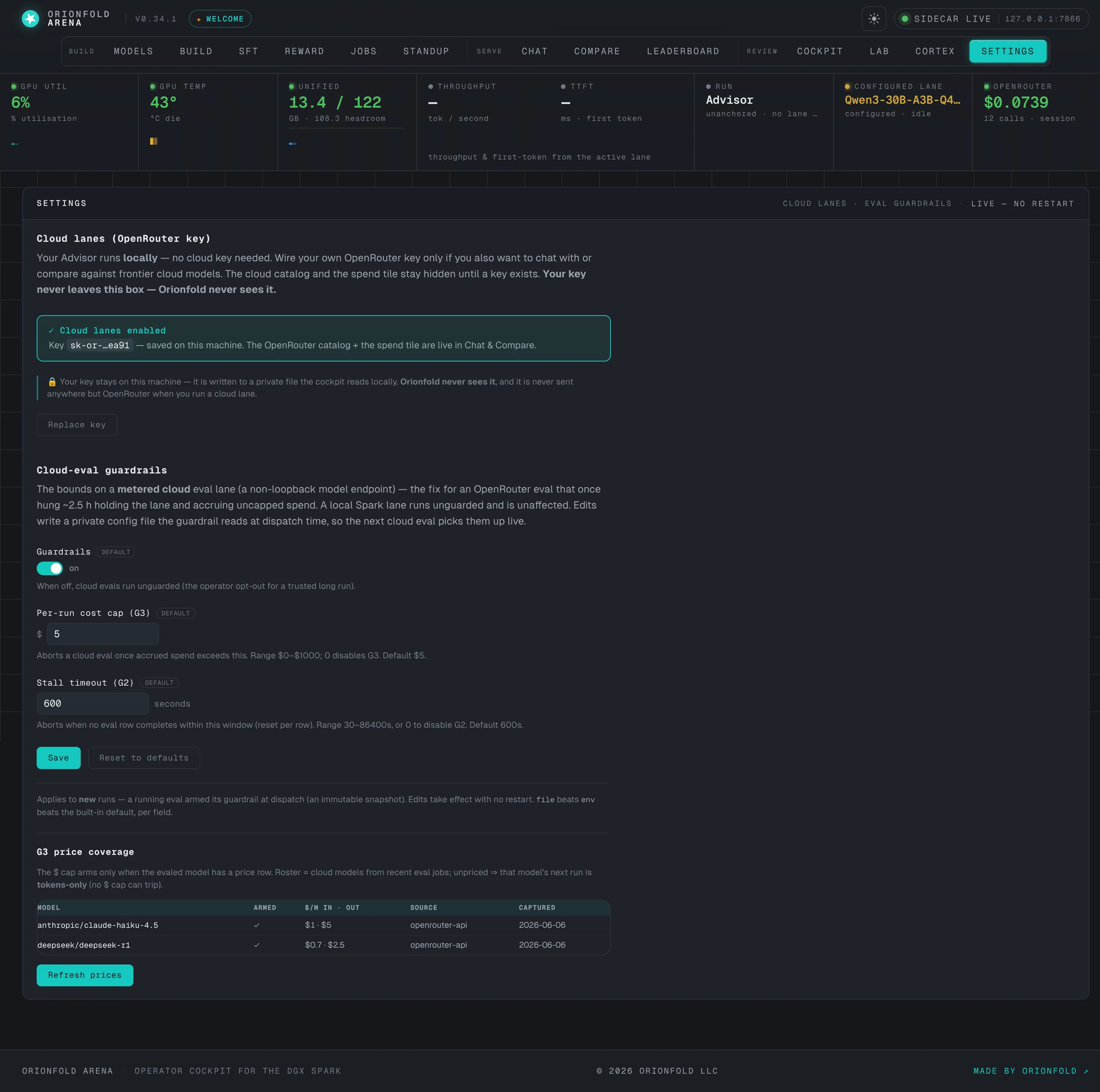 The Arena settings: an OpenRouter key form that auto-detects an existing key or lets you paste one, with the privacy line 'your key stays on this machine — Orionfold never sees it'