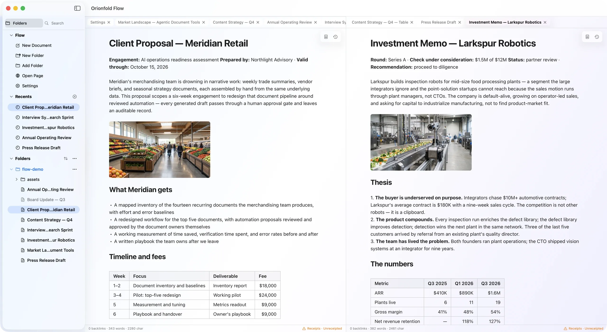 Orionfold Flow with two documents open side by side: a client proposal carrying an embedded photograph and a timeline-and-fees table, and an investment memo with its own photograph and a metrics table, over a plain folder of Markdown files.