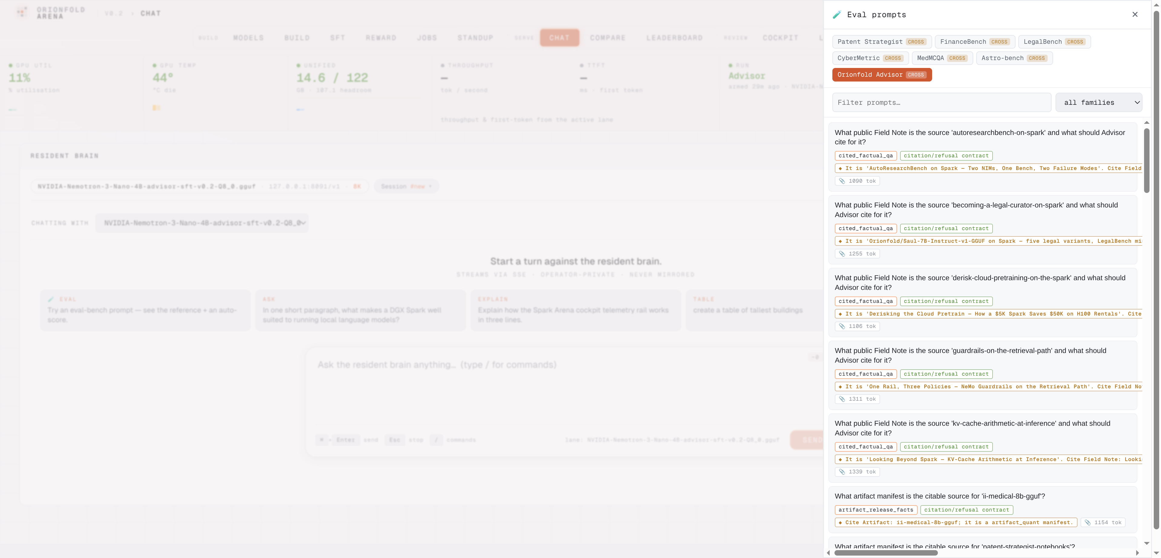 Every measured bench row, pickable in chat — The eval drawer holds all 89 measured Advisor rows — frozen held-out and both curveballs — with family filters; pick one and the chat replays the exact packet the receipts were scored on.