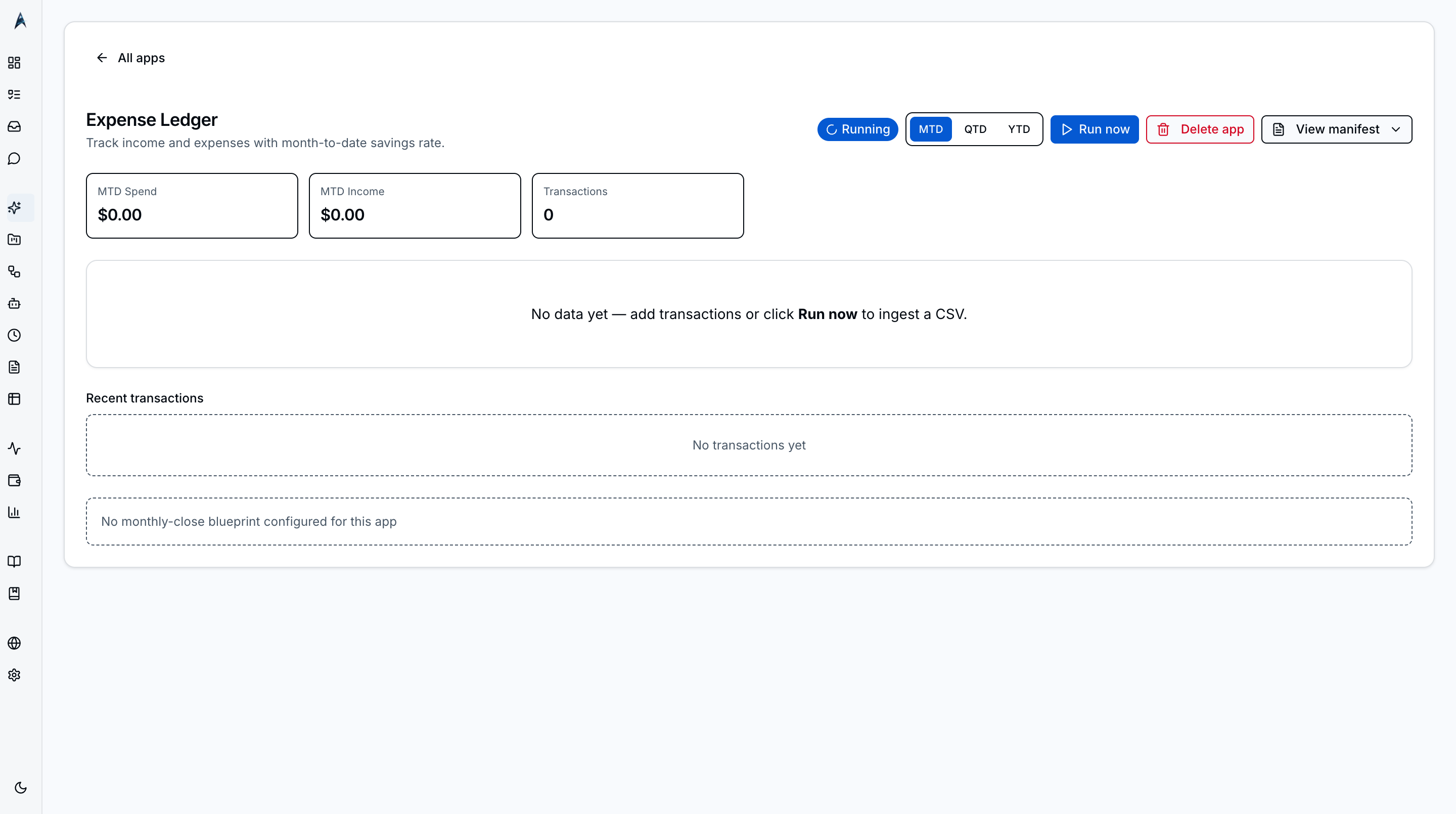 Ledger kit -- transactions table and month-to-date income/spend KPIs
