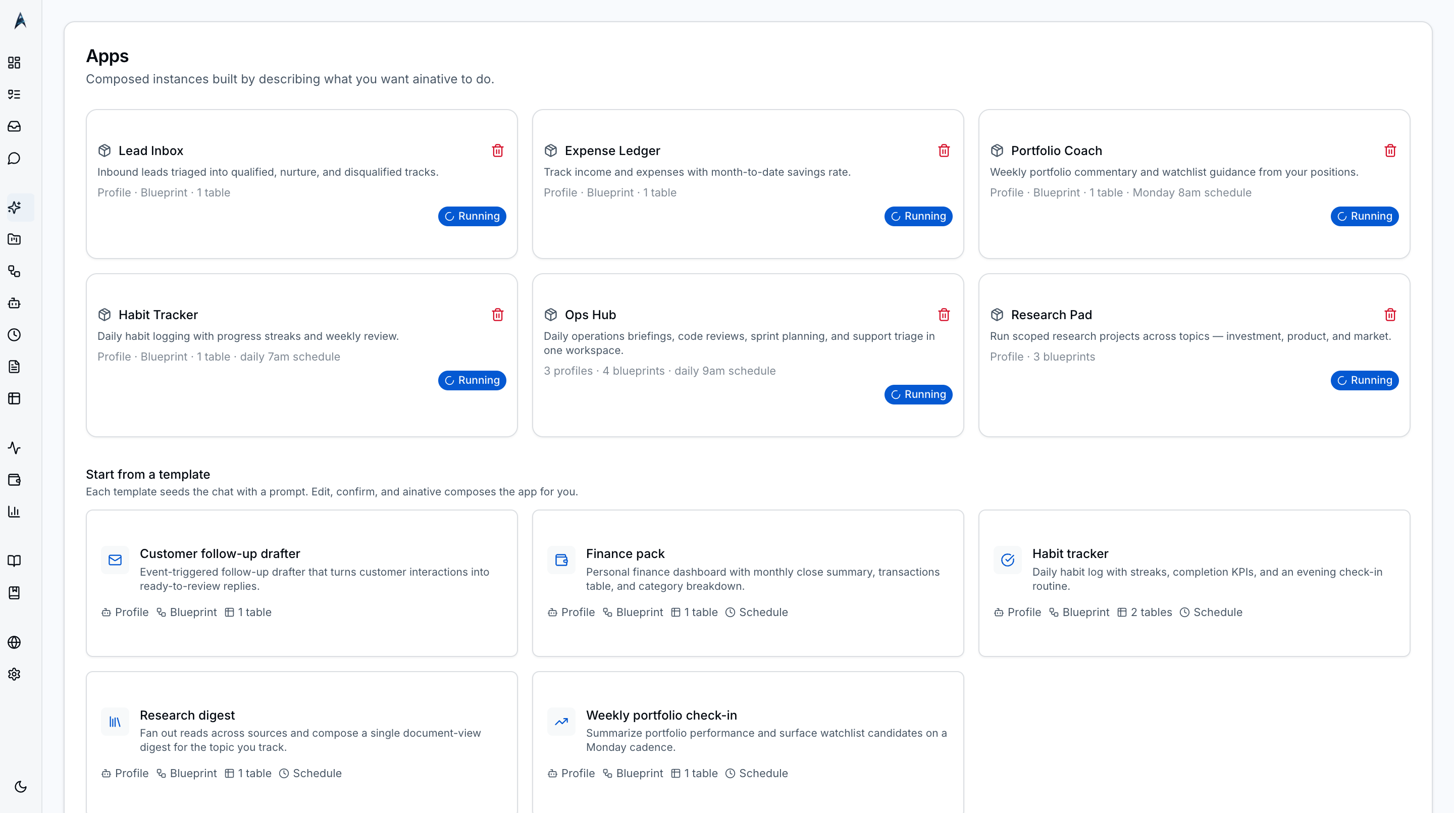 Apps gallery showing starter kits across tracker, coach, ledger, inbox, research, and workflow-hub categories