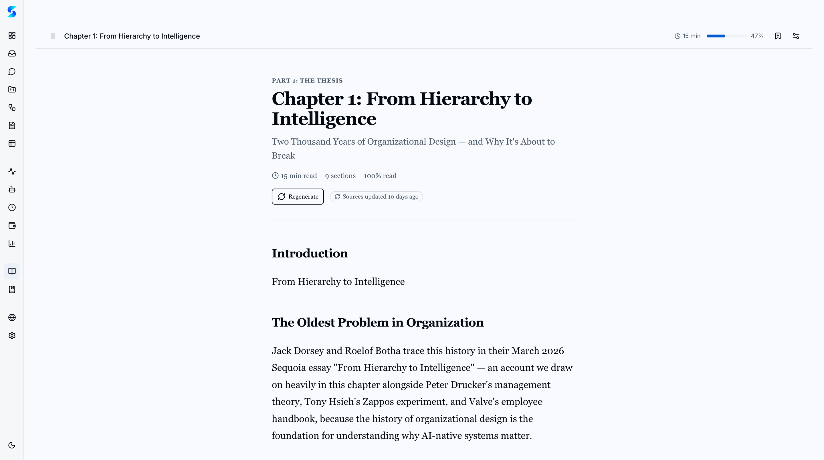 Book chapter list showing 14 chapters across 4 parts with reading progress
