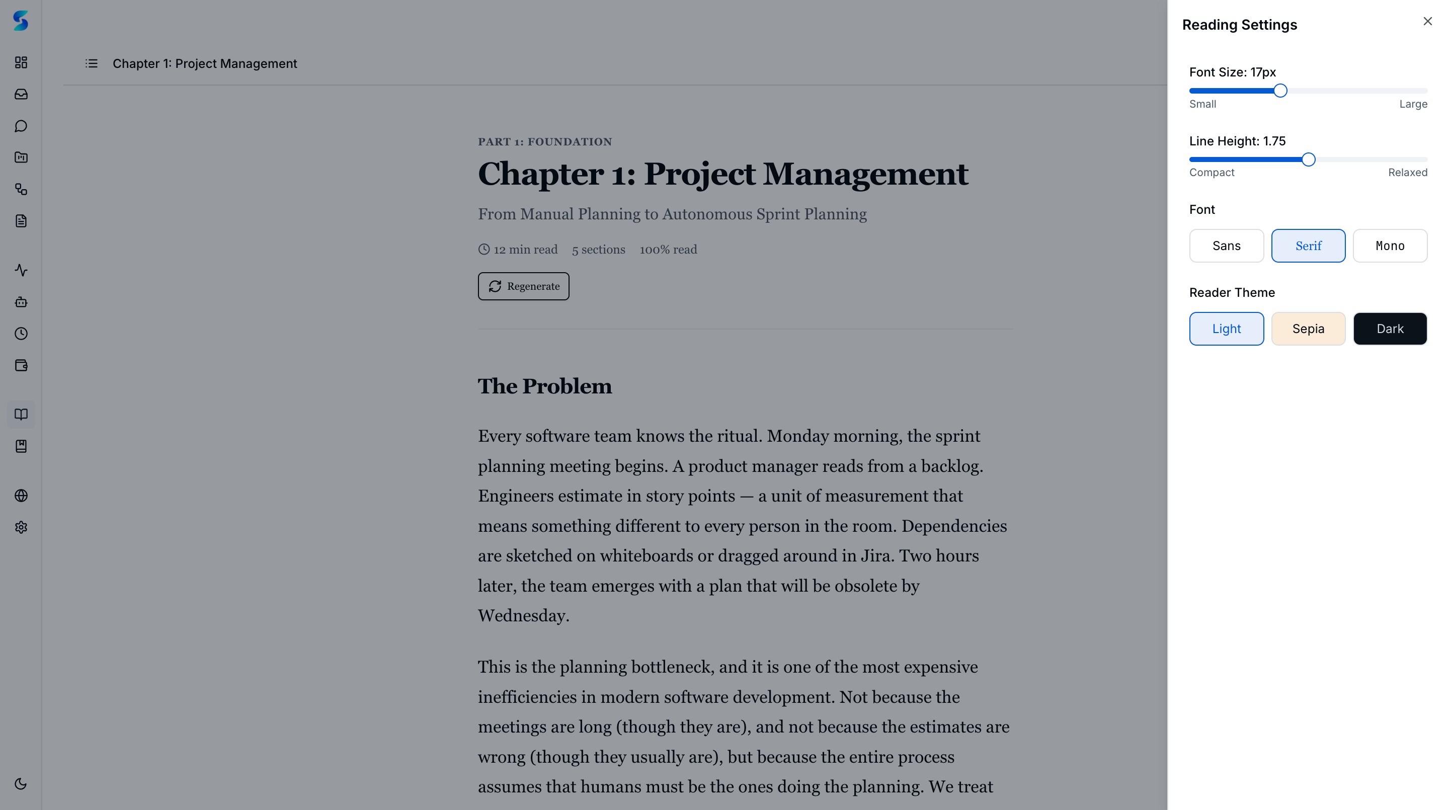 Book reading settings panel with font size, line height, font family, and theme selection