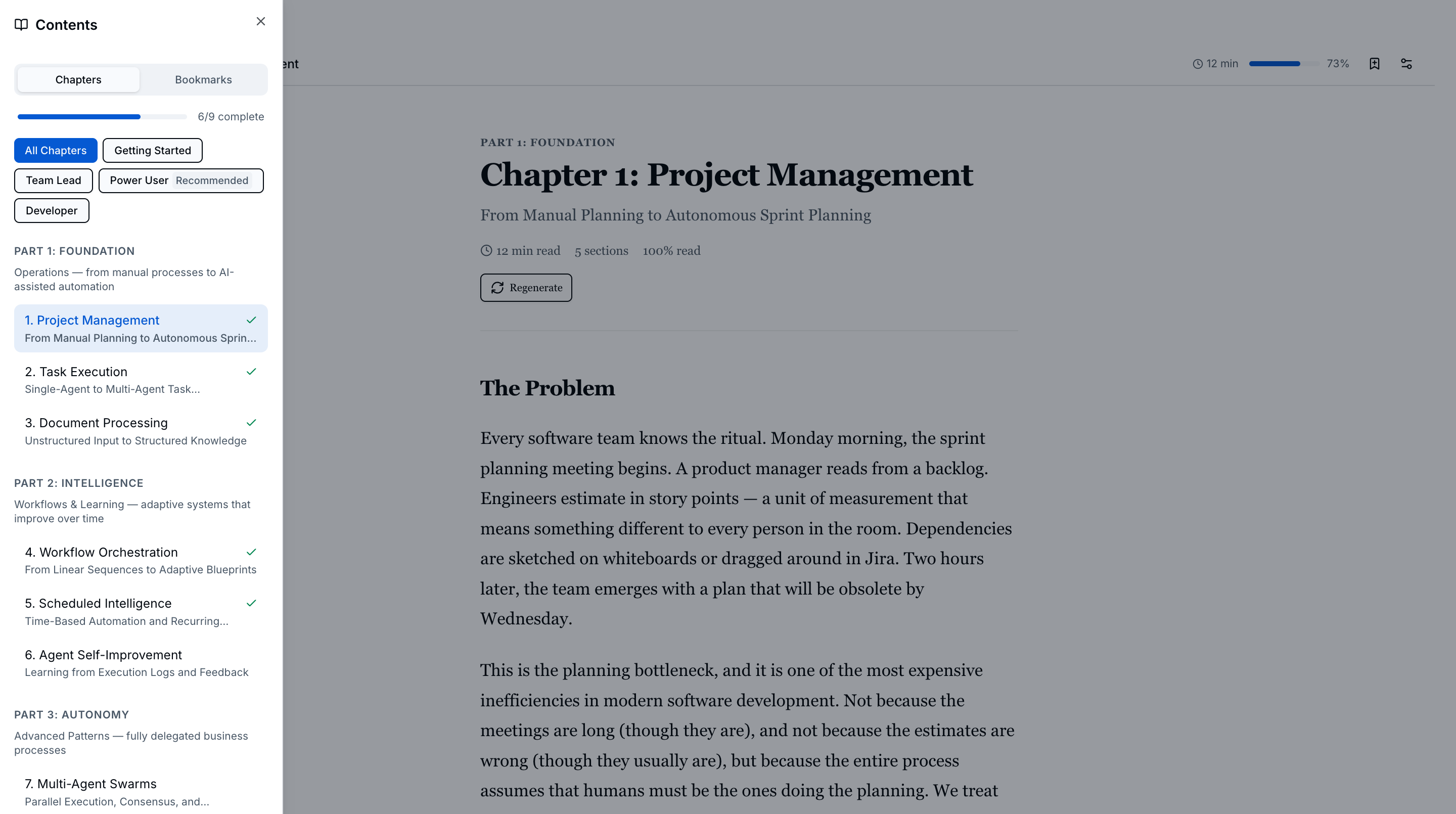 Book table of contents sidebar with chapter list, reading paths, and completion checkmarks