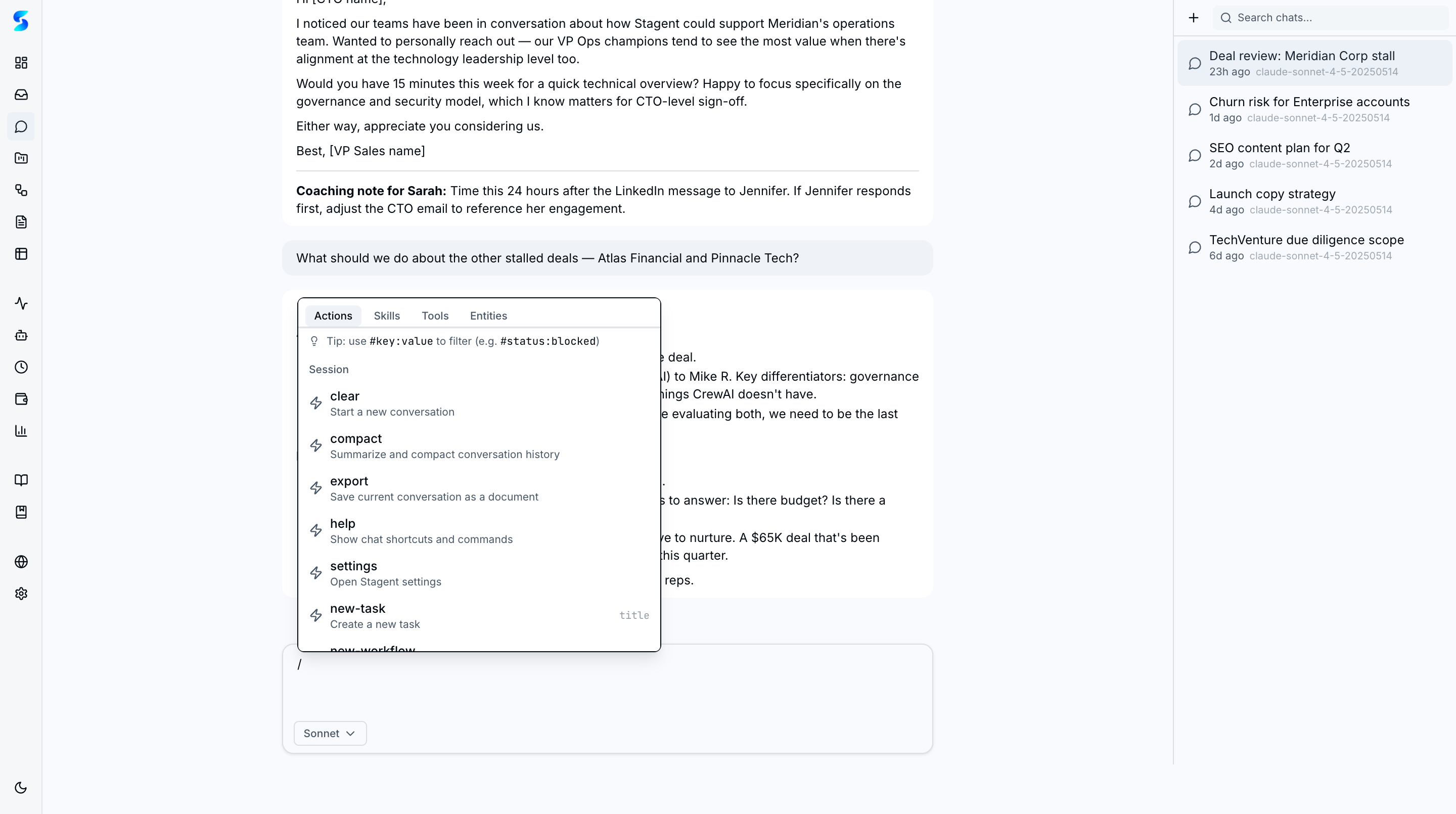 Slash command popover with Actions tab showing session commands: clear, compact, export, help, settings, and new-task