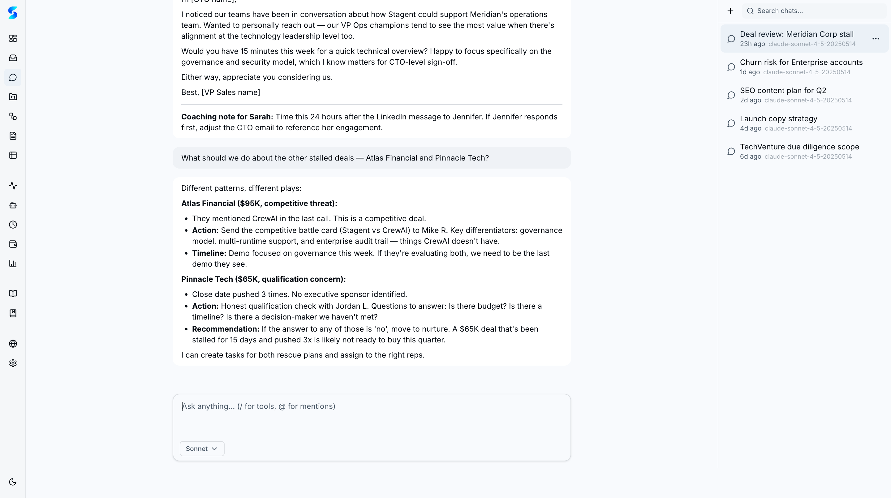 Sales operations conversation with deal analysis, competitive intelligence, and coaching notes
