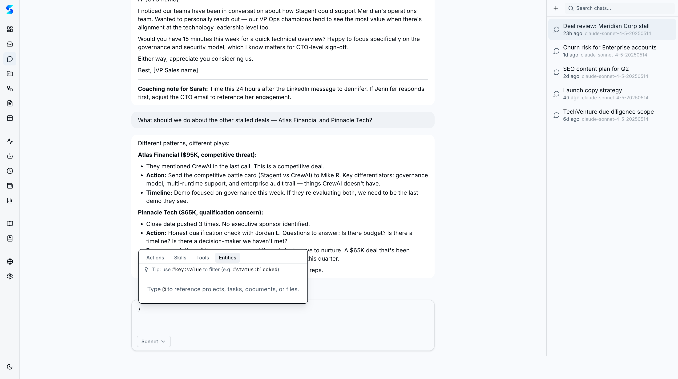 Entities tab in slash popover with instructions to type @ to reference projects, tasks, documents, or files