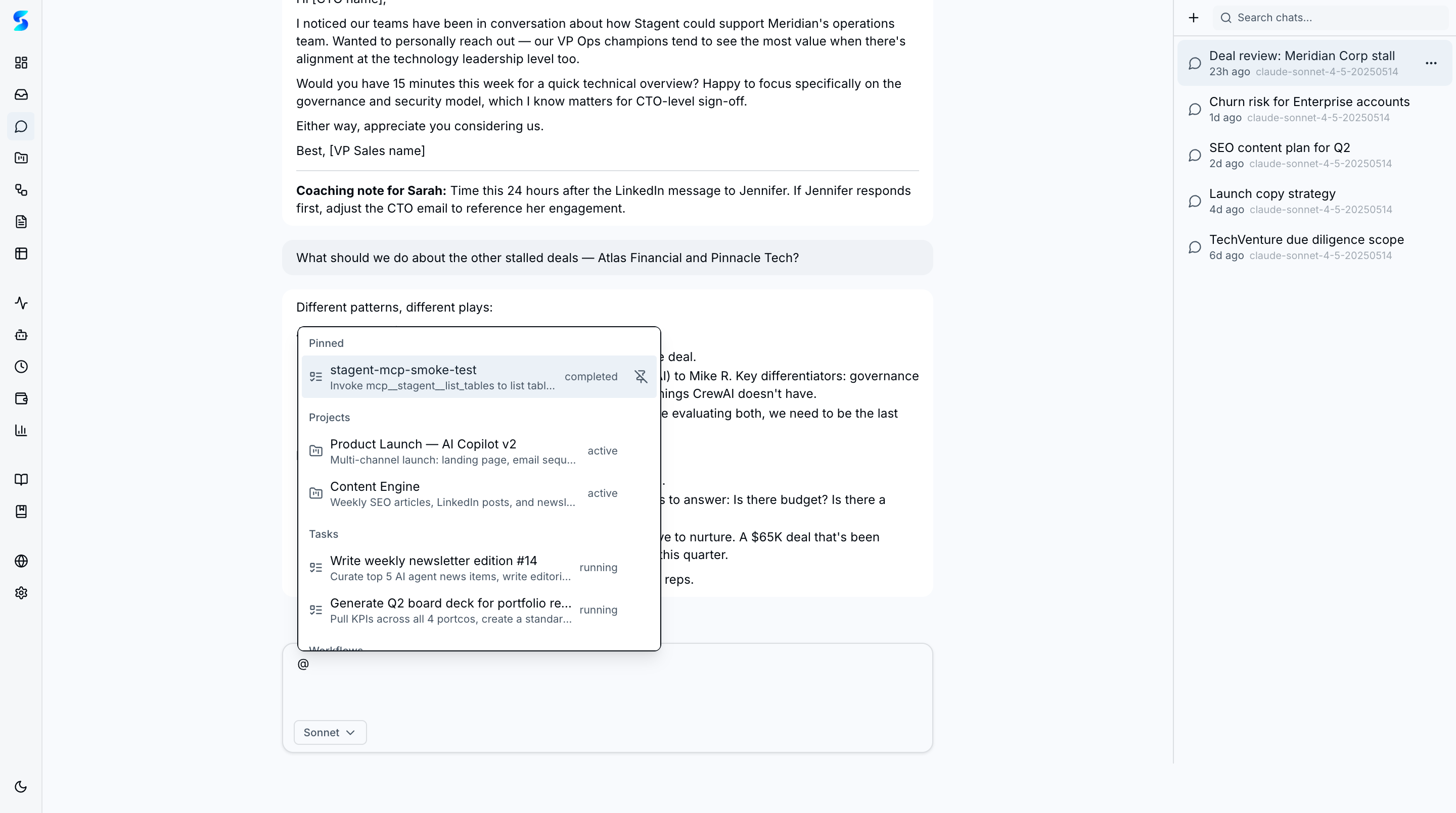 @ mentions autocomplete showing pinned items, active projects, and running tasks with status badges