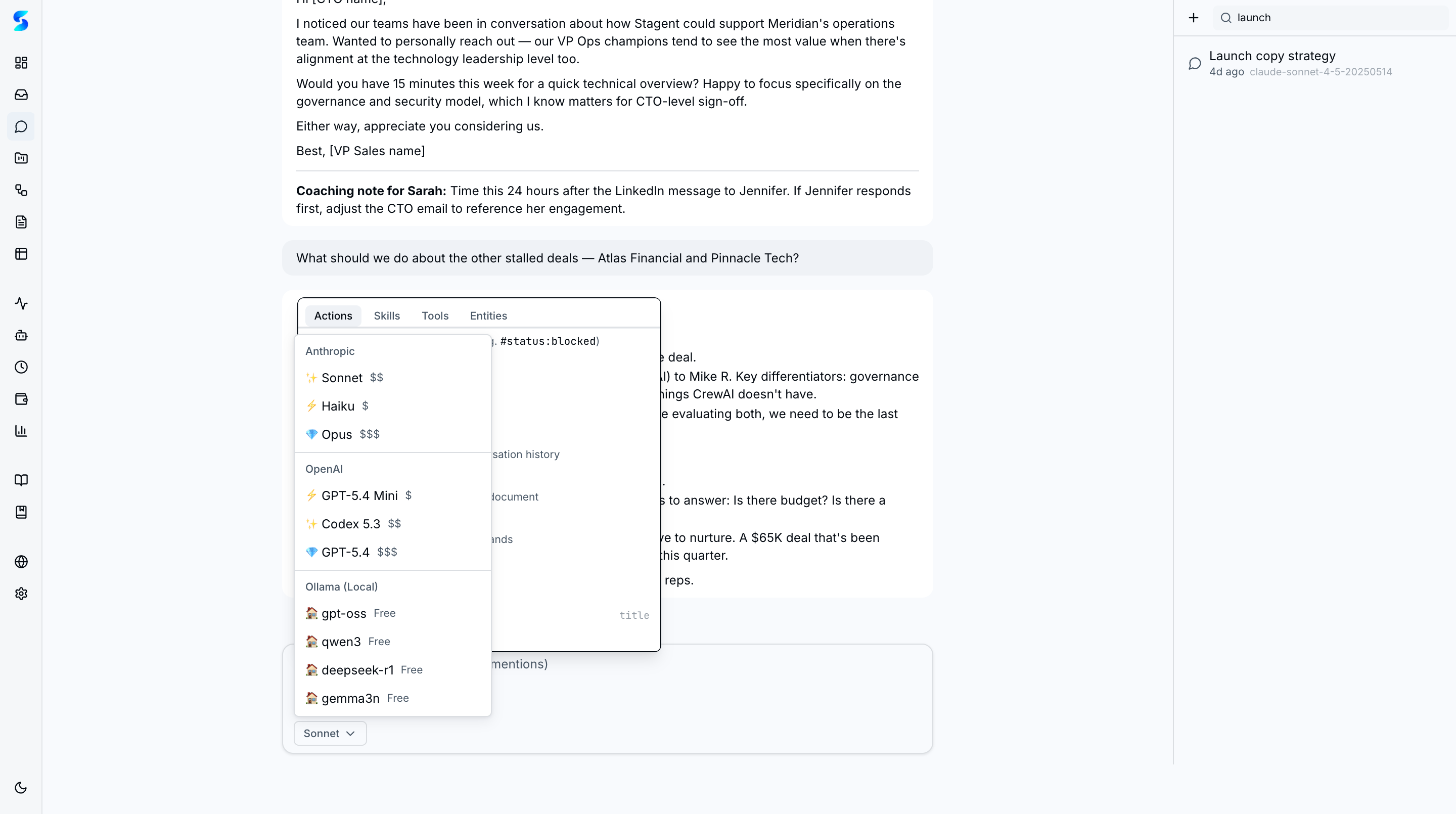 Model selector dropdown showing Anthropic and OpenAI models grouped by provider with cost tier labels
