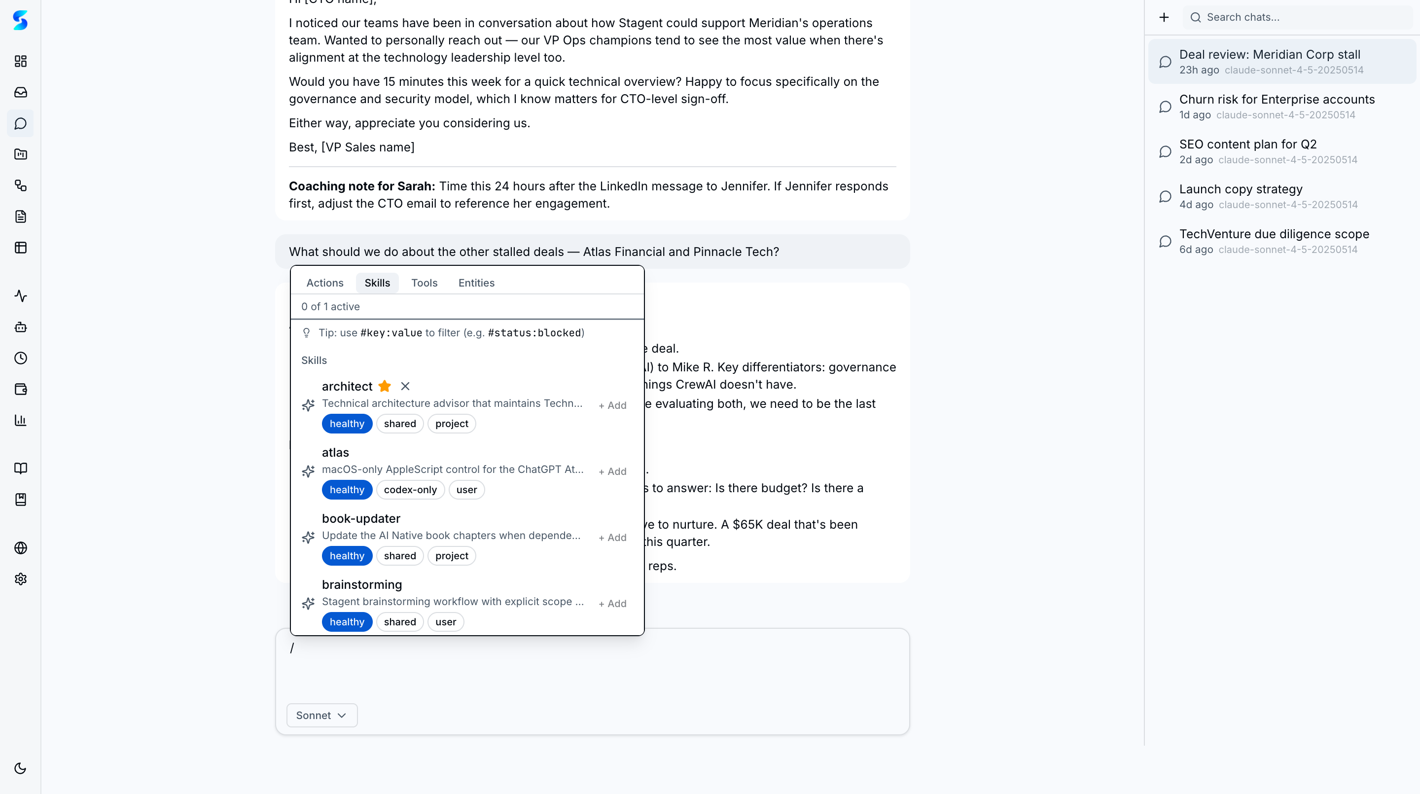 Skills tab in slash popover showing architect skill active, with atlas, book-updater, and brainstorming skills available to add
