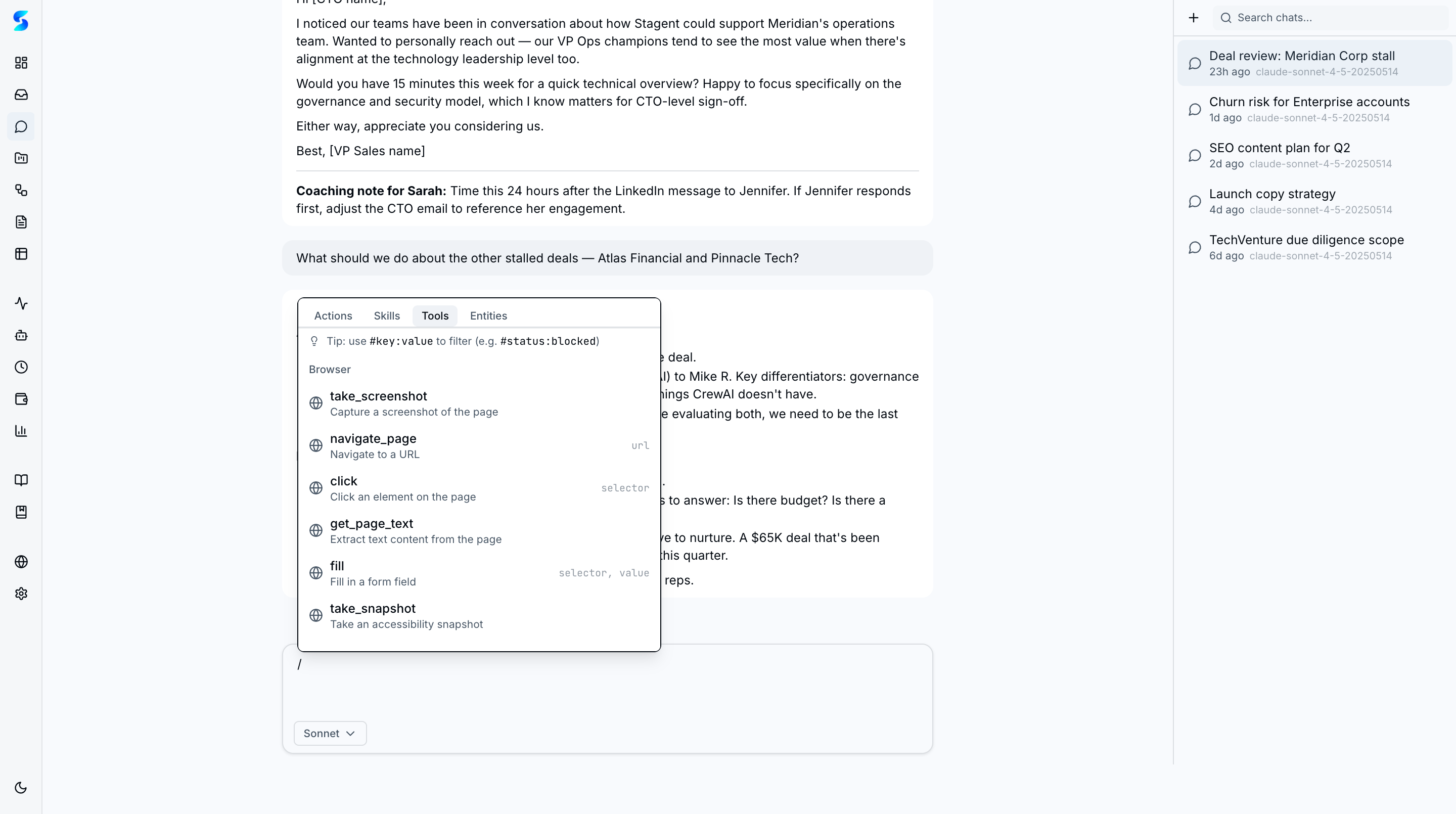 Tools tab in slash popover listing browser tools: take_screenshot, navigate_page, click, get_page_text, fill, and take_snapshot with parameter hints