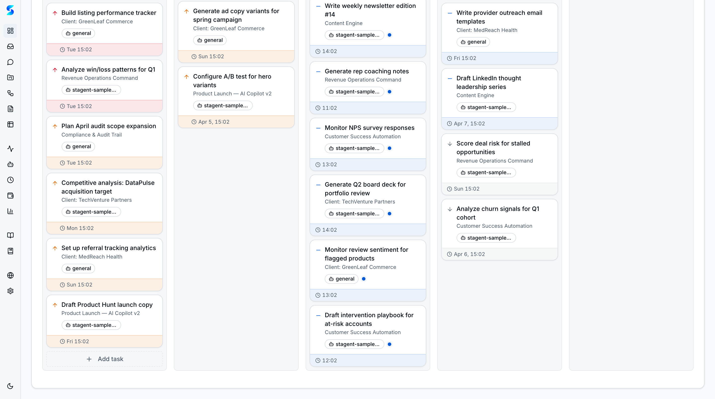 Dashboard kanban board below fold with additional task cards across Planned, Queued, Running, and Completed columns
