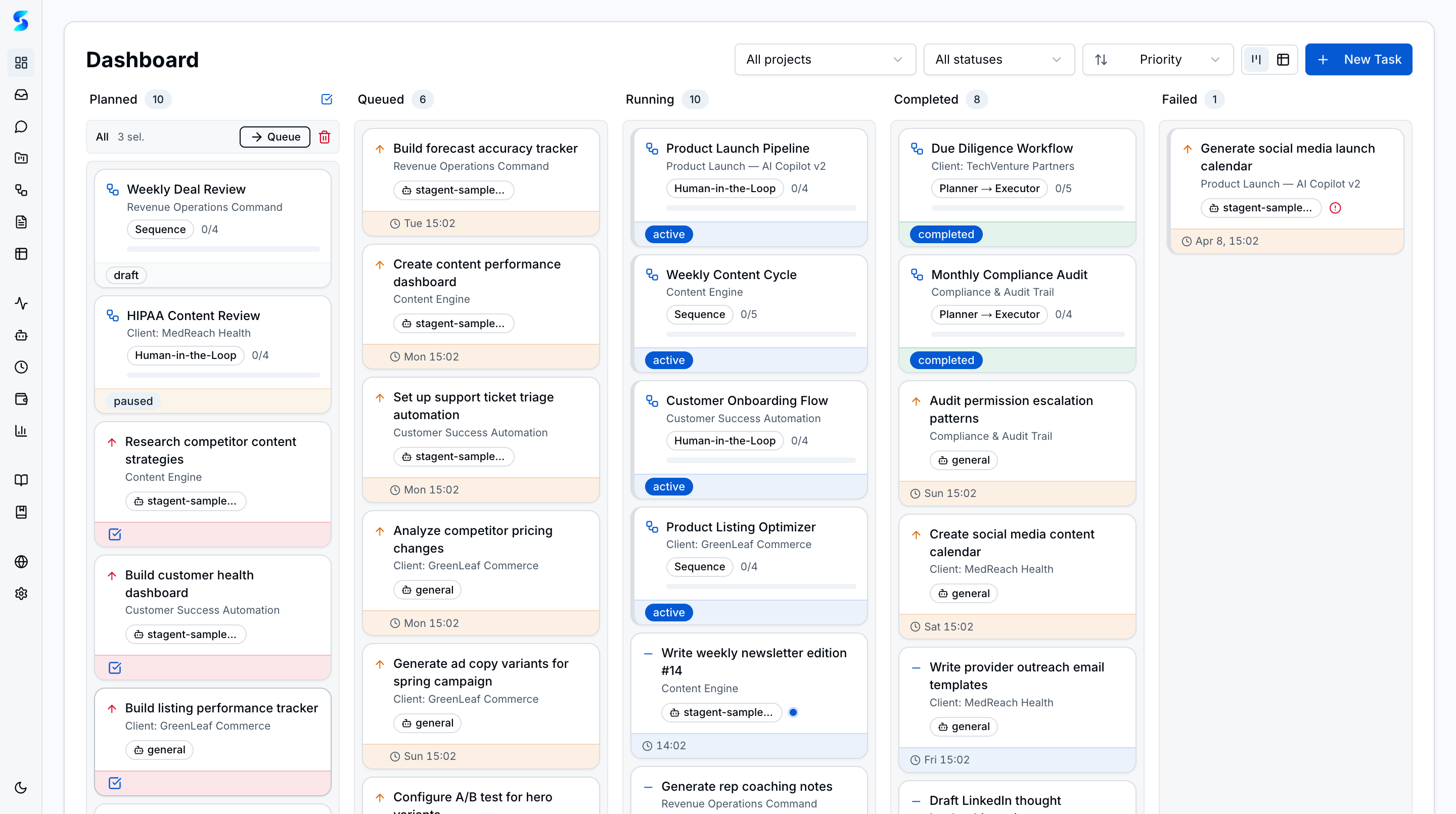 Kanban board with 3 tasks selected and bulk action toolbar visible