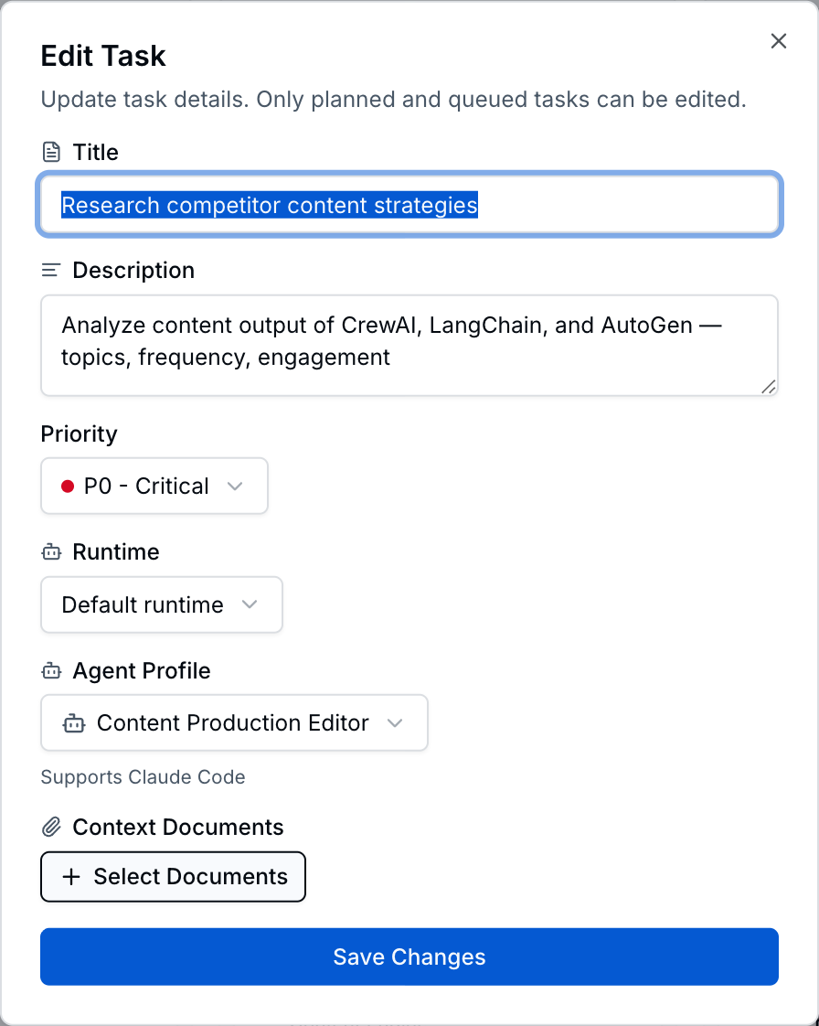 Edit Task dialog with title, description, priority, runtime, and agent profile fields