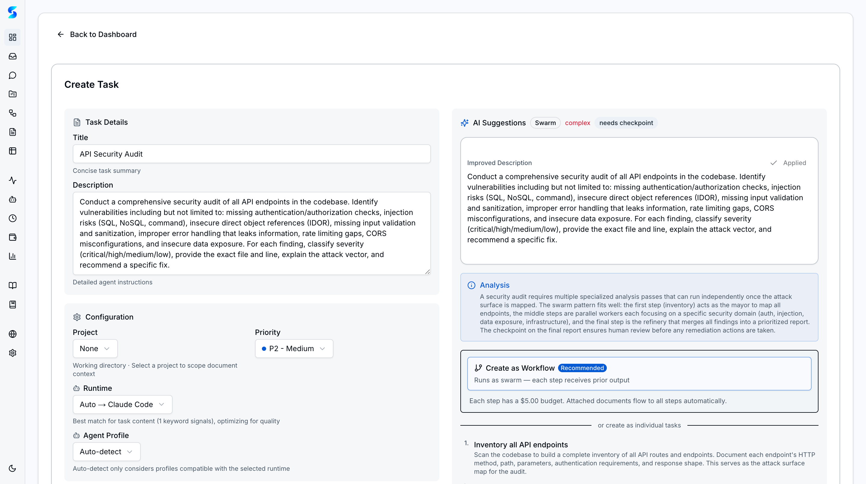 Create Task form after applying AI-improved description with enriched context and sub-task breakdown