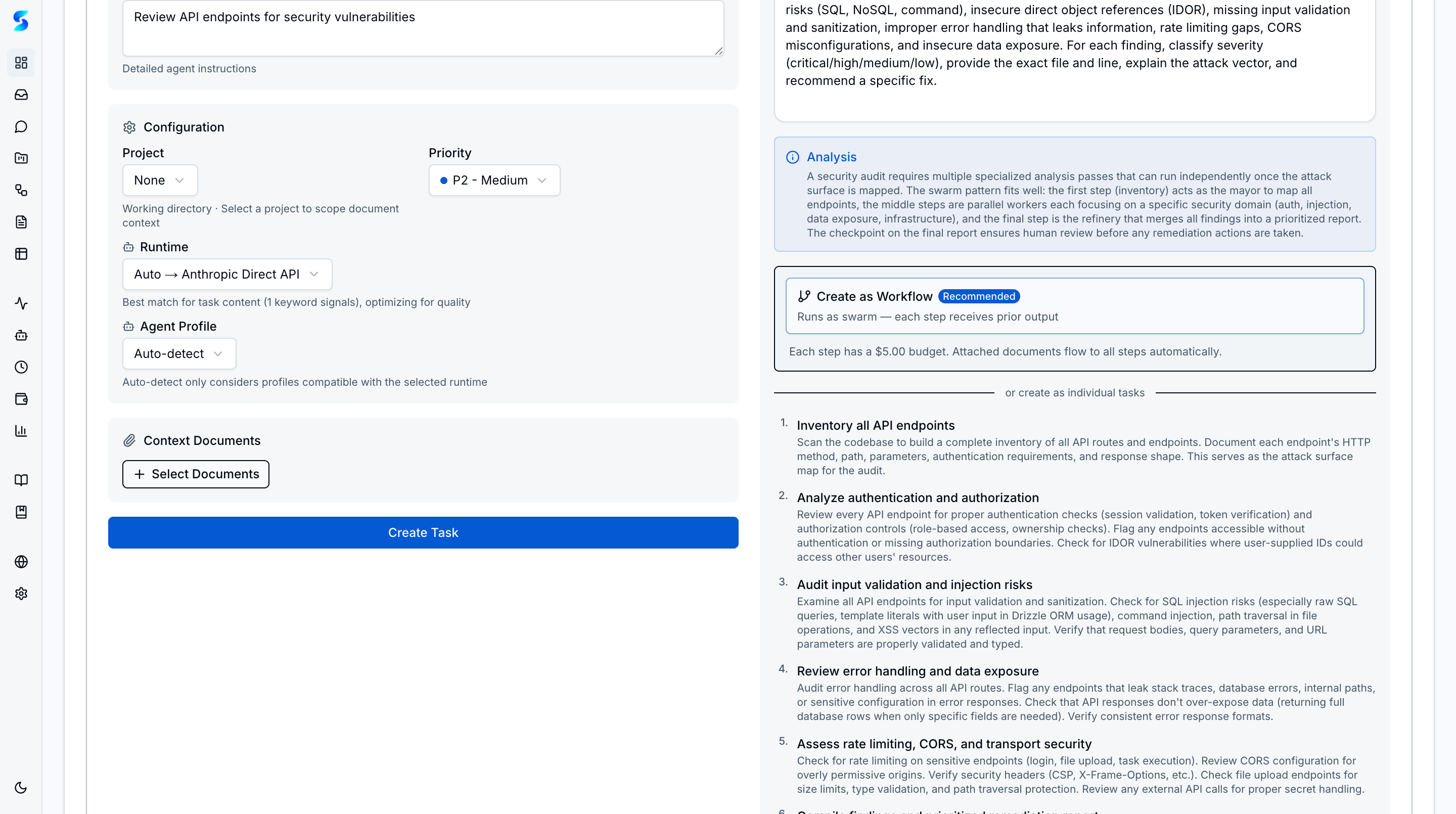 AI Assist panel with improved description, 4 sub-task suggestions, and Create as Workflow option