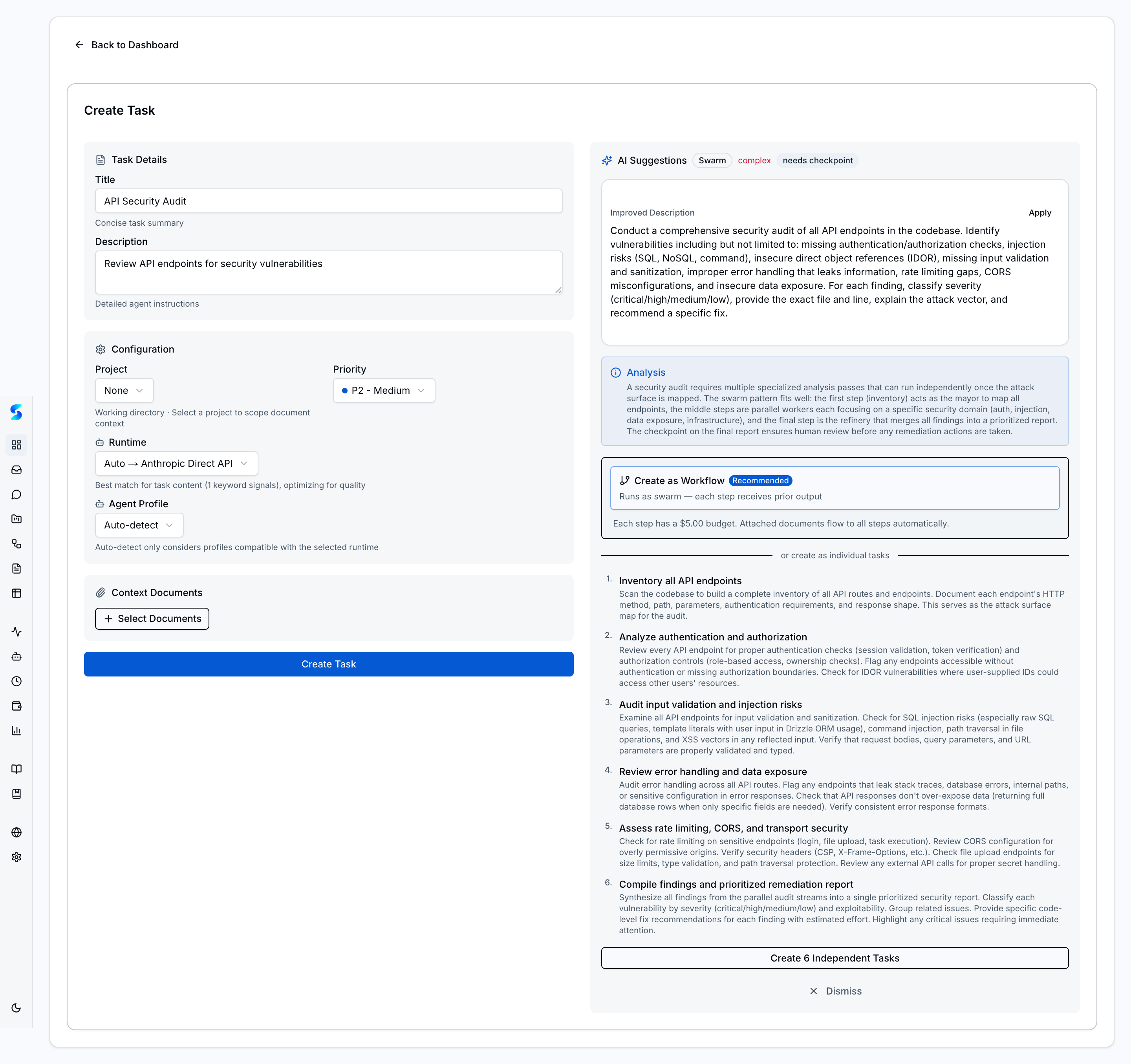 AI Assist breakdown showing swarm pattern recommendation, improved description, analysis, and 8 independent sub-task decomposition with Create as Workflow option