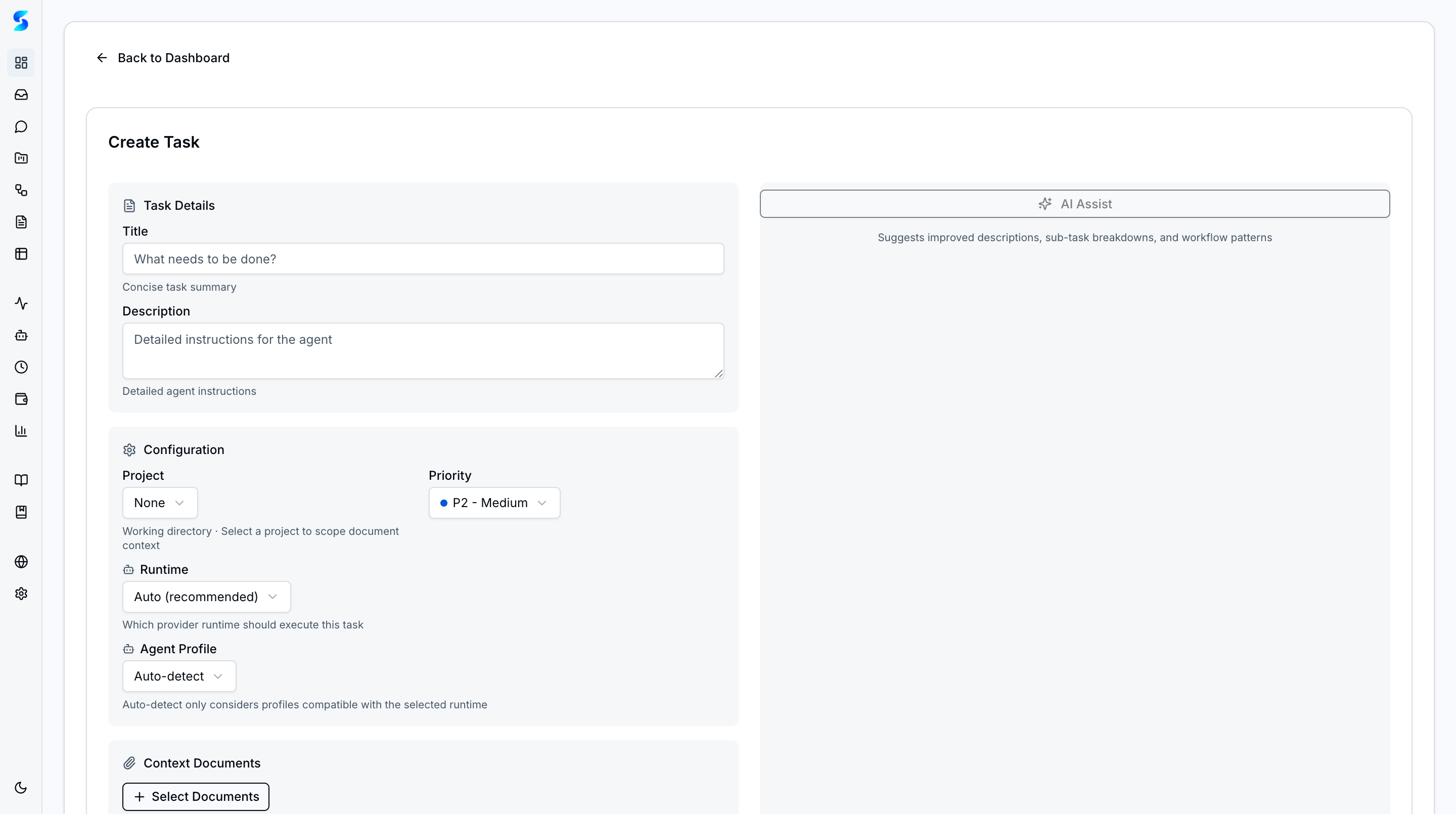 Empty Create Task form with Auto-detect profile and AI Assist panel ready for input