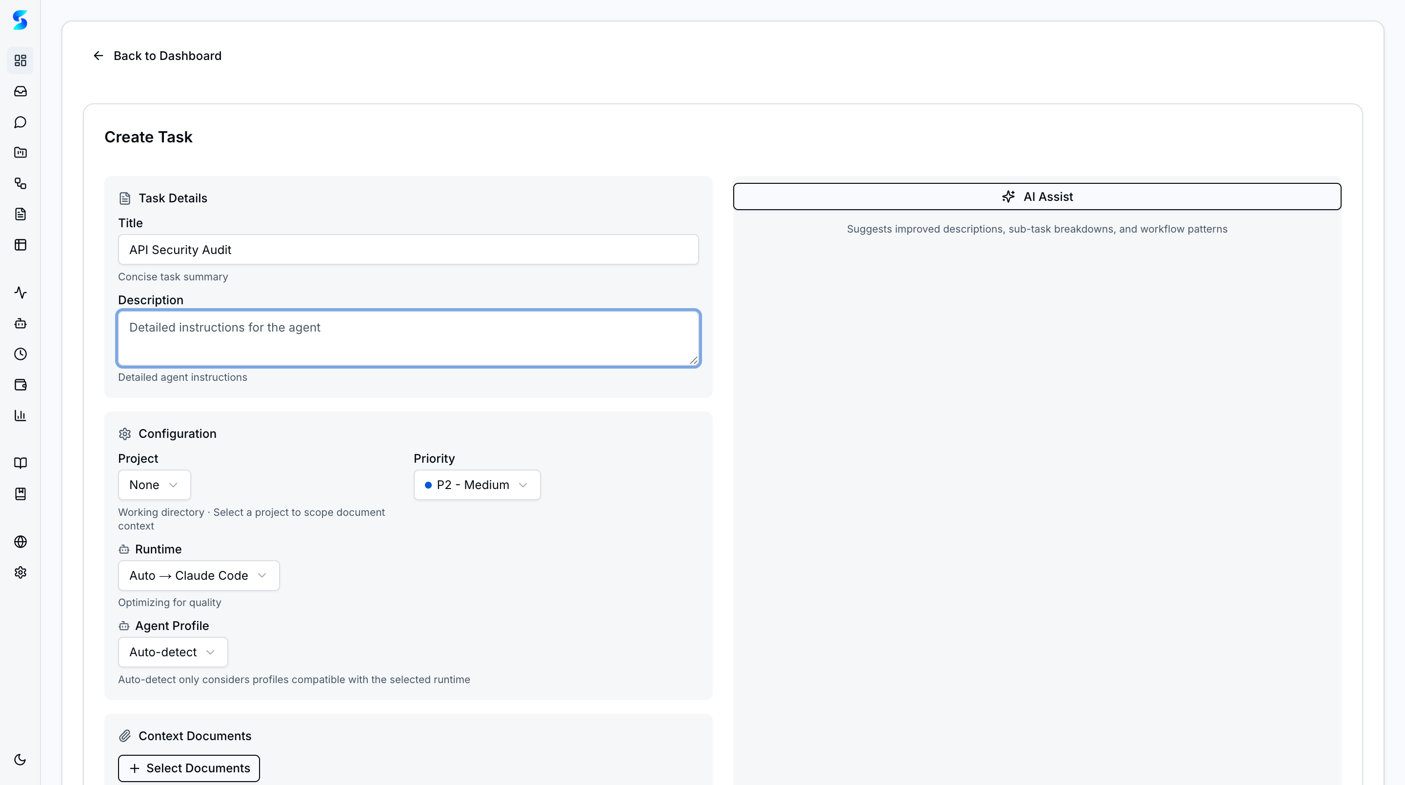 Create Task form with title, project, priority, runtime, agent profile, and AI Assist panel