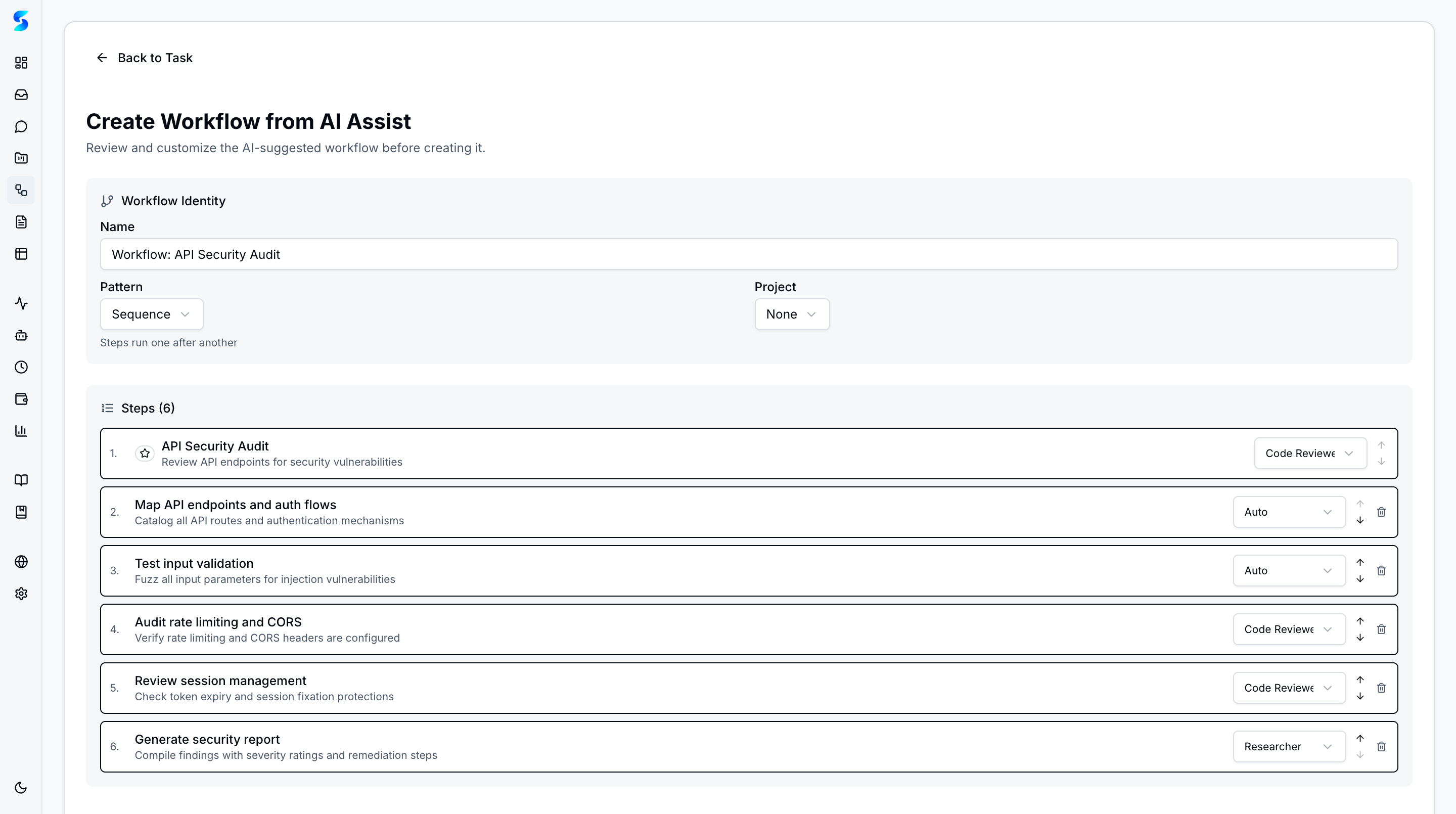 Create Workflow from AI Assist with 6 API Security Audit steps and assigned profiles