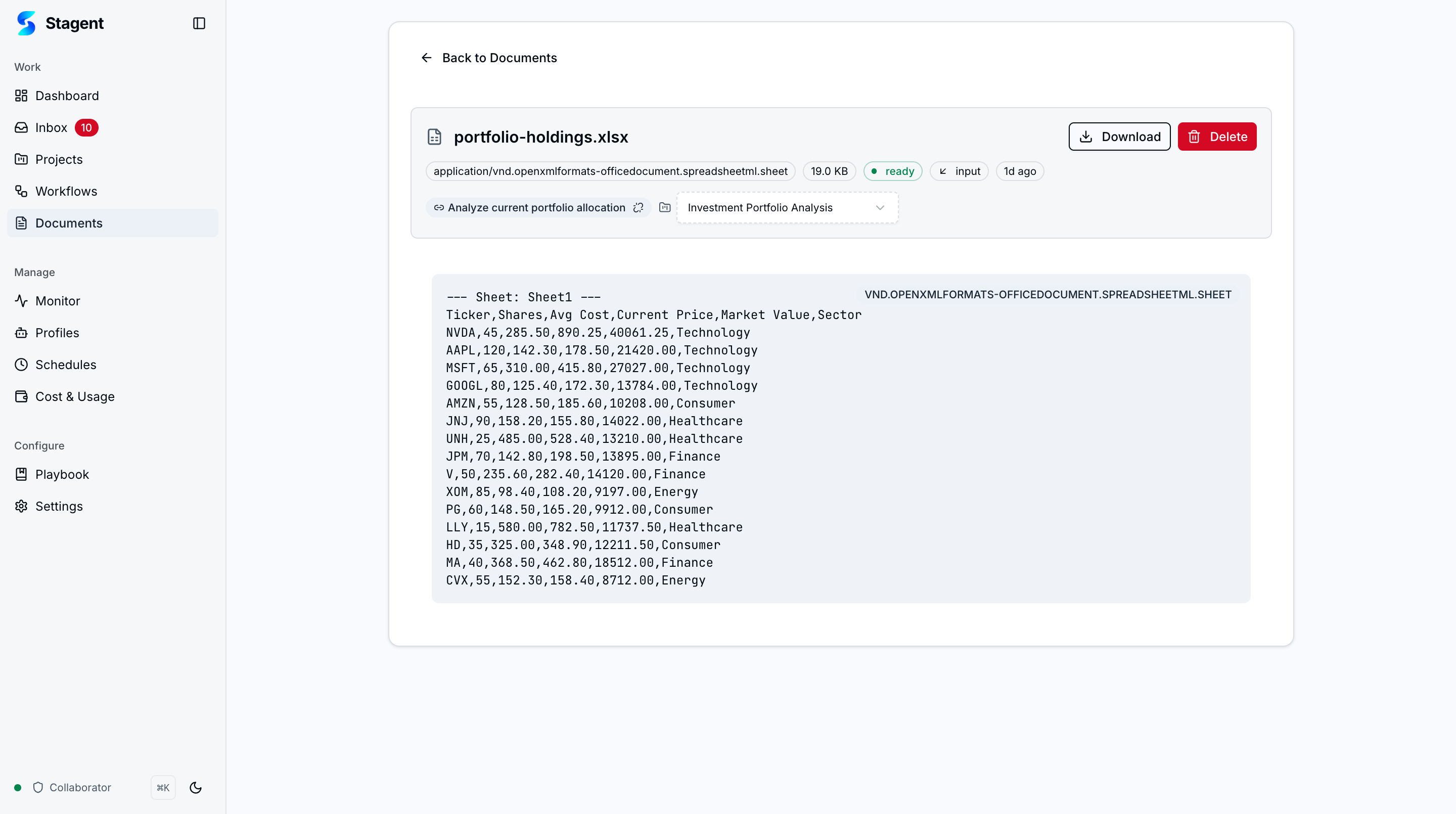 portfolio-holdings.xlsx detail with chip bar, extracted spreadsheet content, and linked task/project