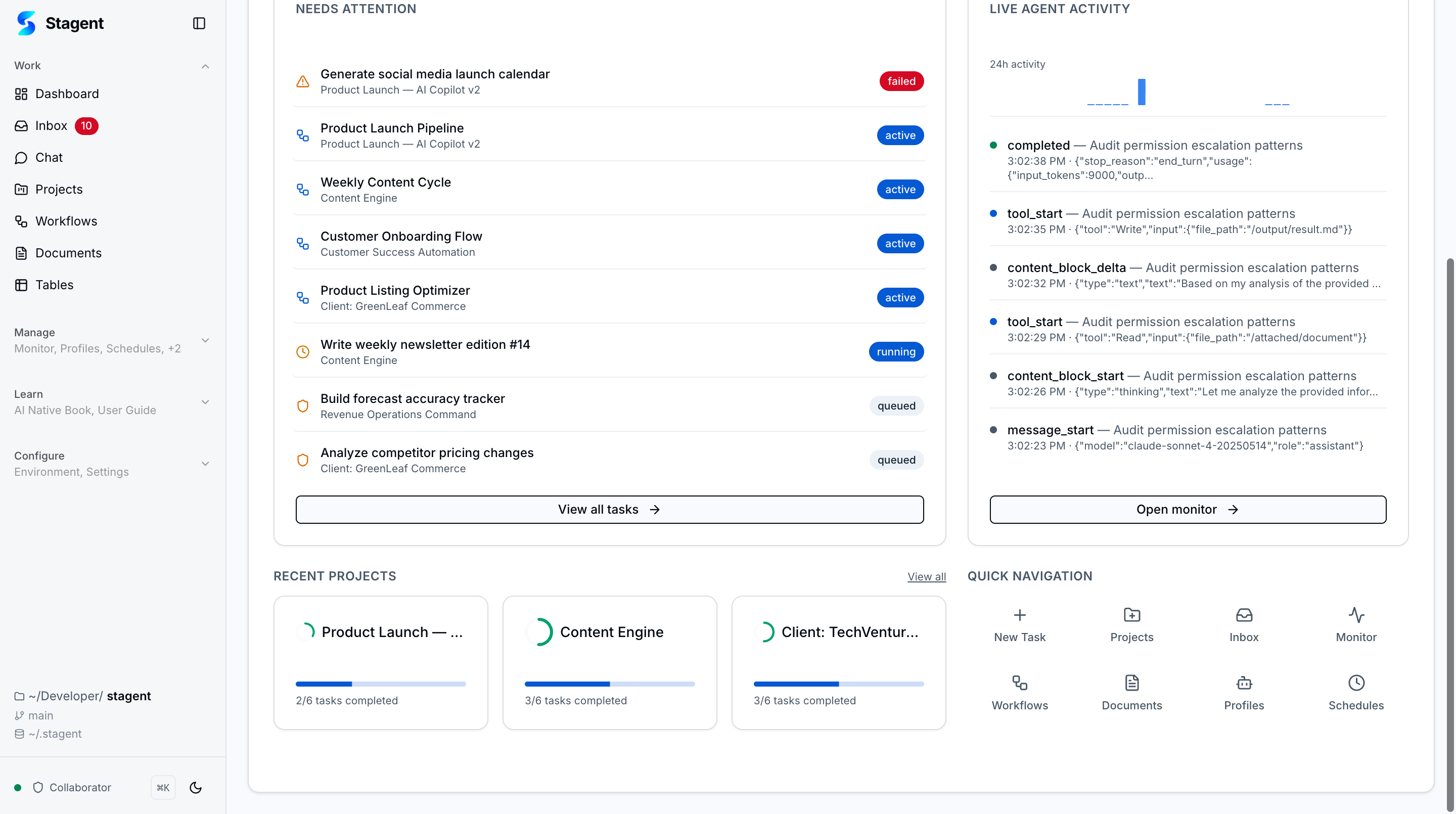 Home below-fold with needs attention queue, live agent activity, recent projects, and quick navigation