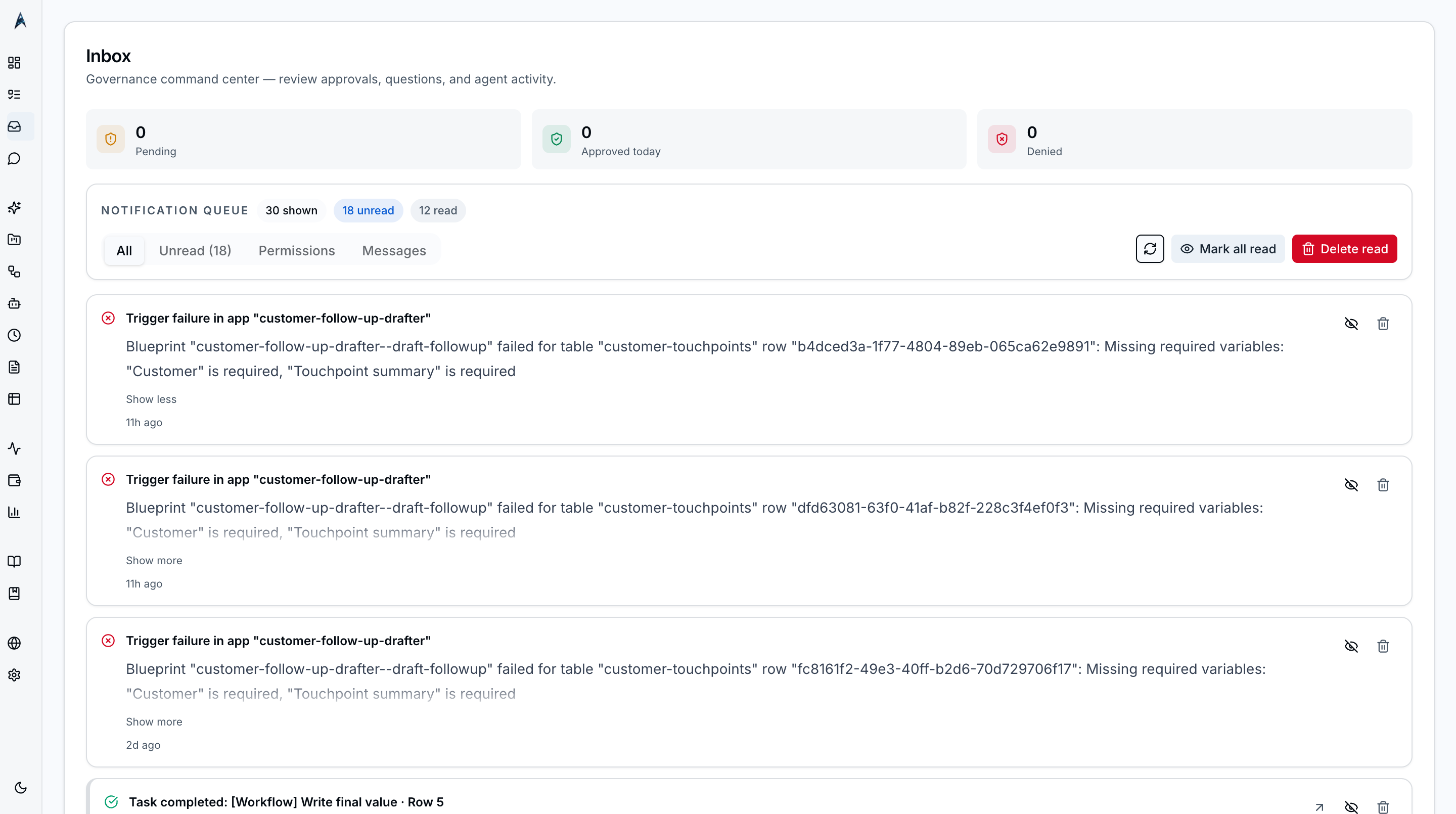 ainative-business inbox permissions panel showing pending approvals for agent actions