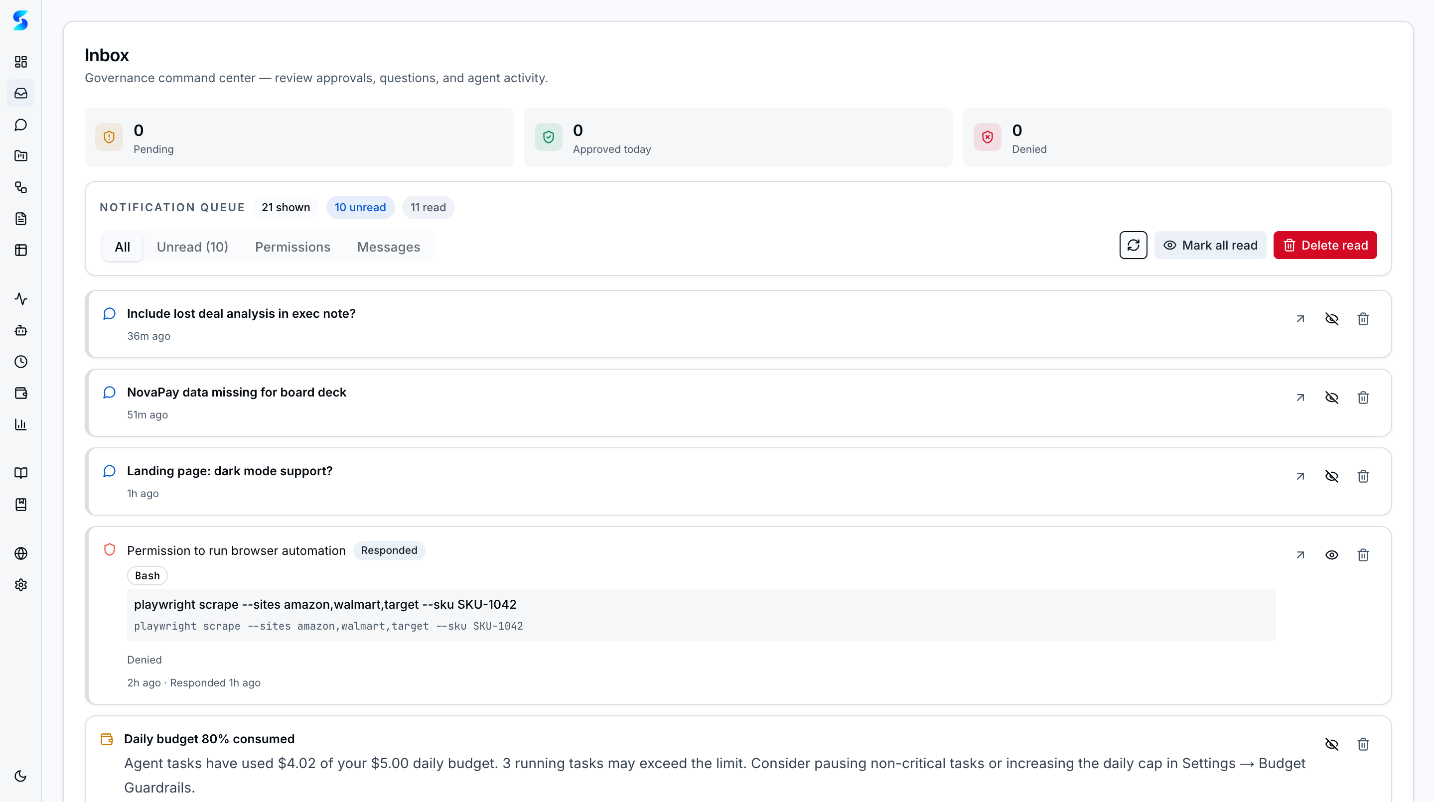 Governance command center with pending, approved, and denied counts, notification queue with permissions and messages