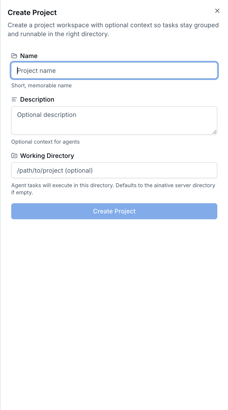 Empty new-project form
