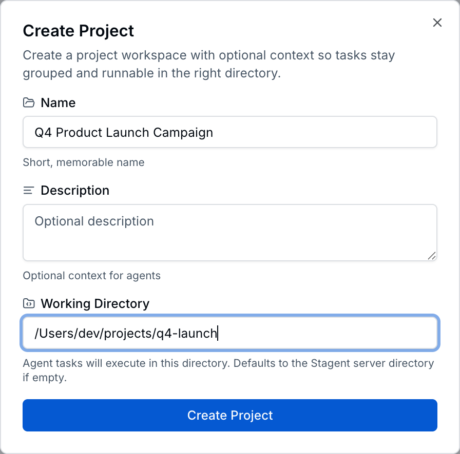 Create Project dialog with Q4 Product Launch Campaign name and working directory path