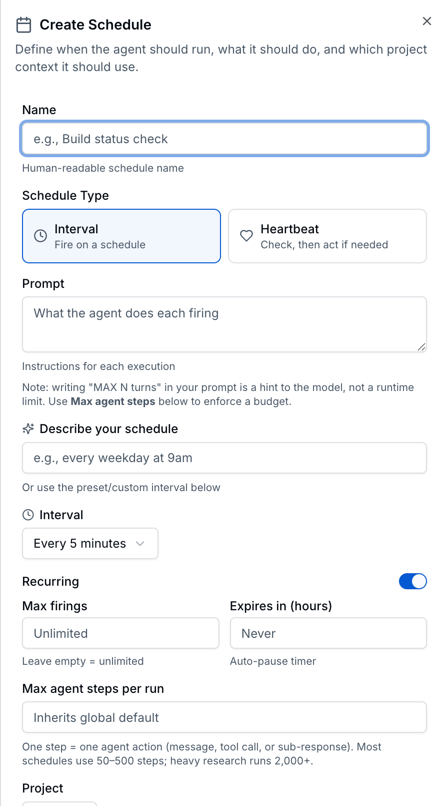 Schedule creation form with max agent steps and budget controls