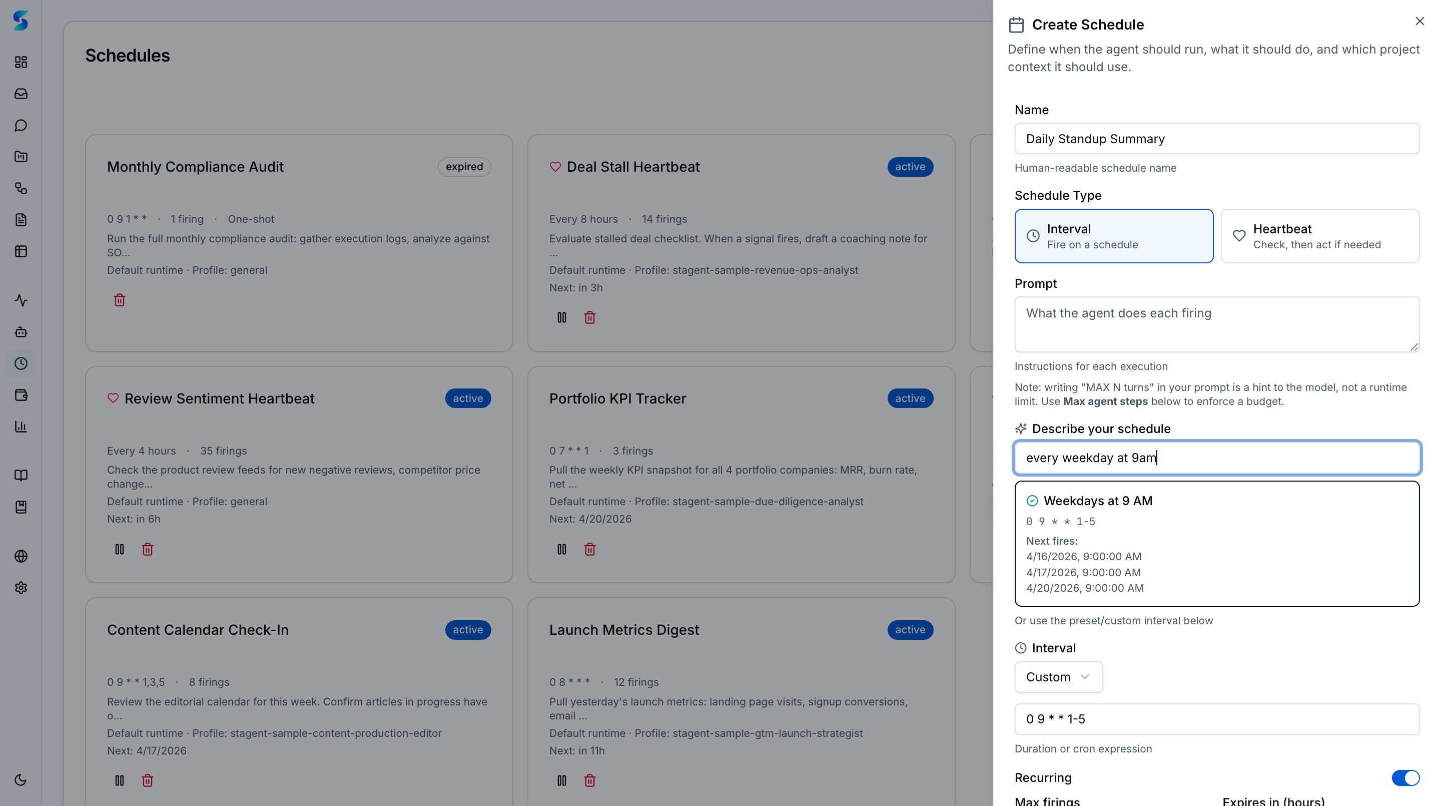 Create Schedule dialog with Daily Portfolio Health Check, 9 AM interval, recurring toggle, and Wealth Manager profile