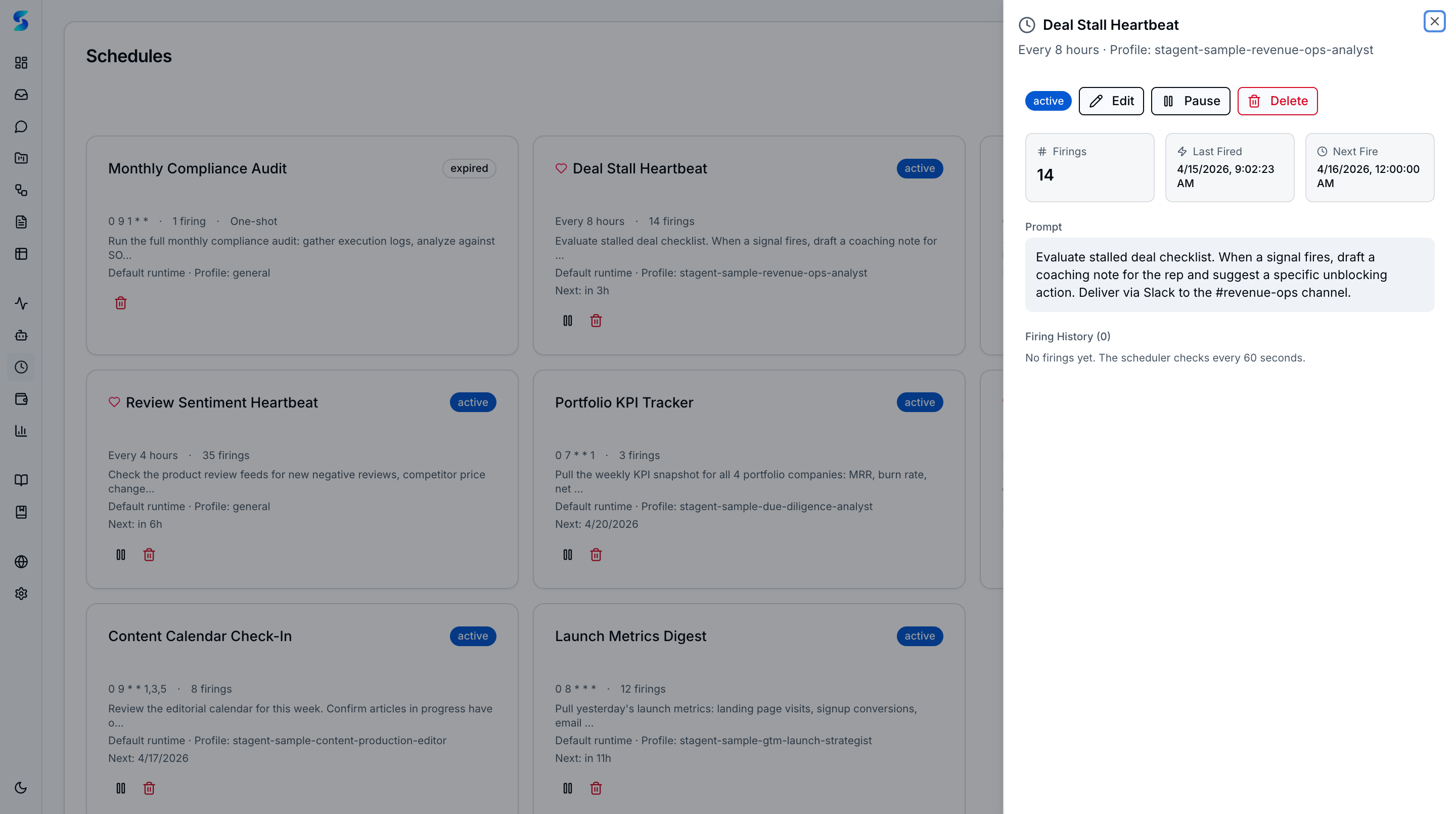 Prospect Pipeline Pulse schedule detail with firings count, next fire time, and prompt