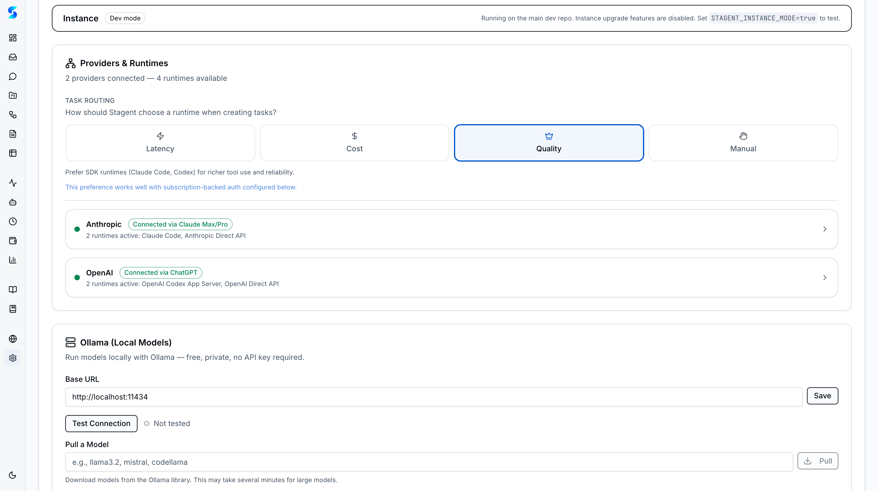 Providers and Runtimes with task routing selector, Anthropic and OpenAI connected status, and Ollama local models