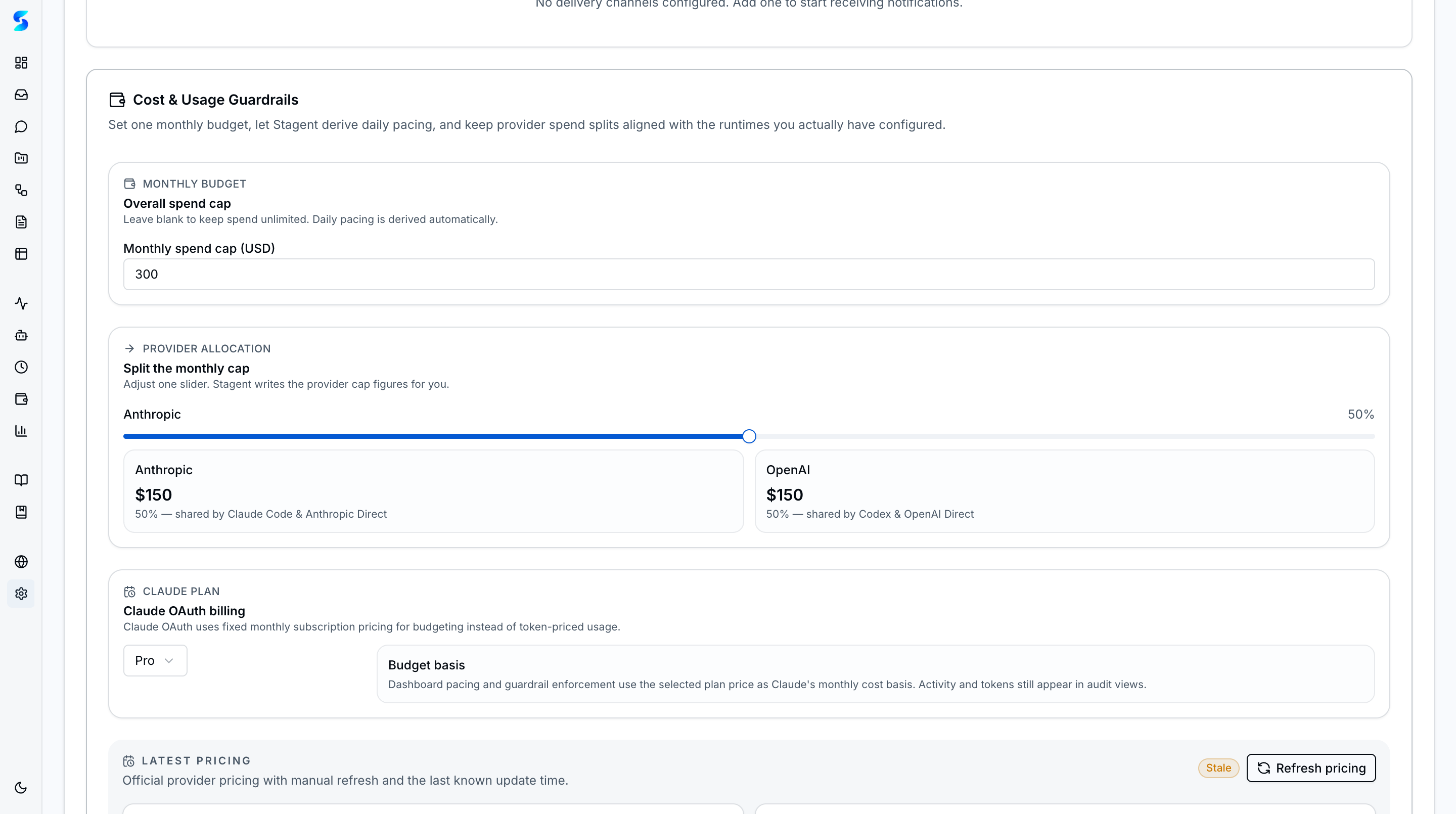 Budget configuration with monthly spend cap, Claude/Codex provider allocation slider, and latest pricing table