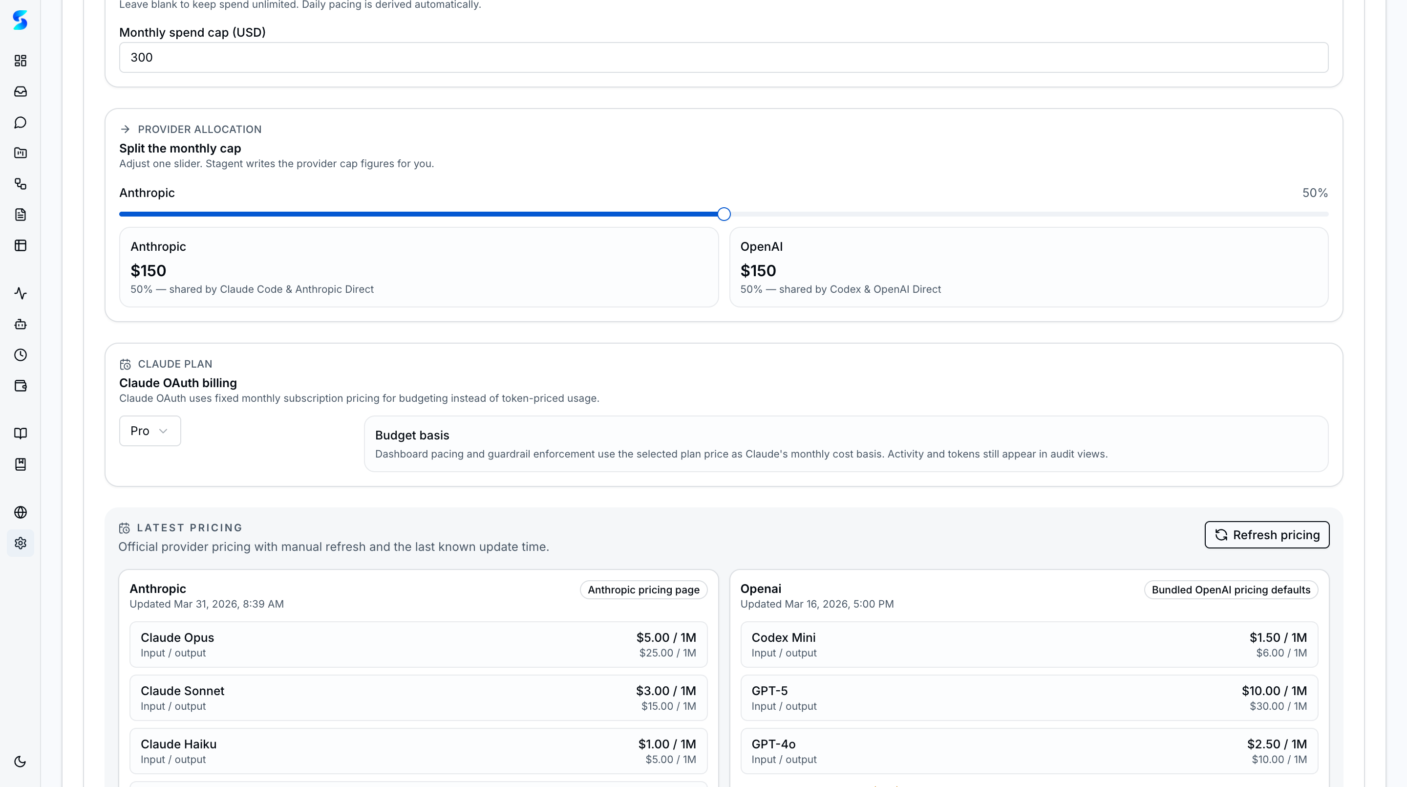 Budget allocation with provider spend splits, Claude billing plan, and latest provider pricing table